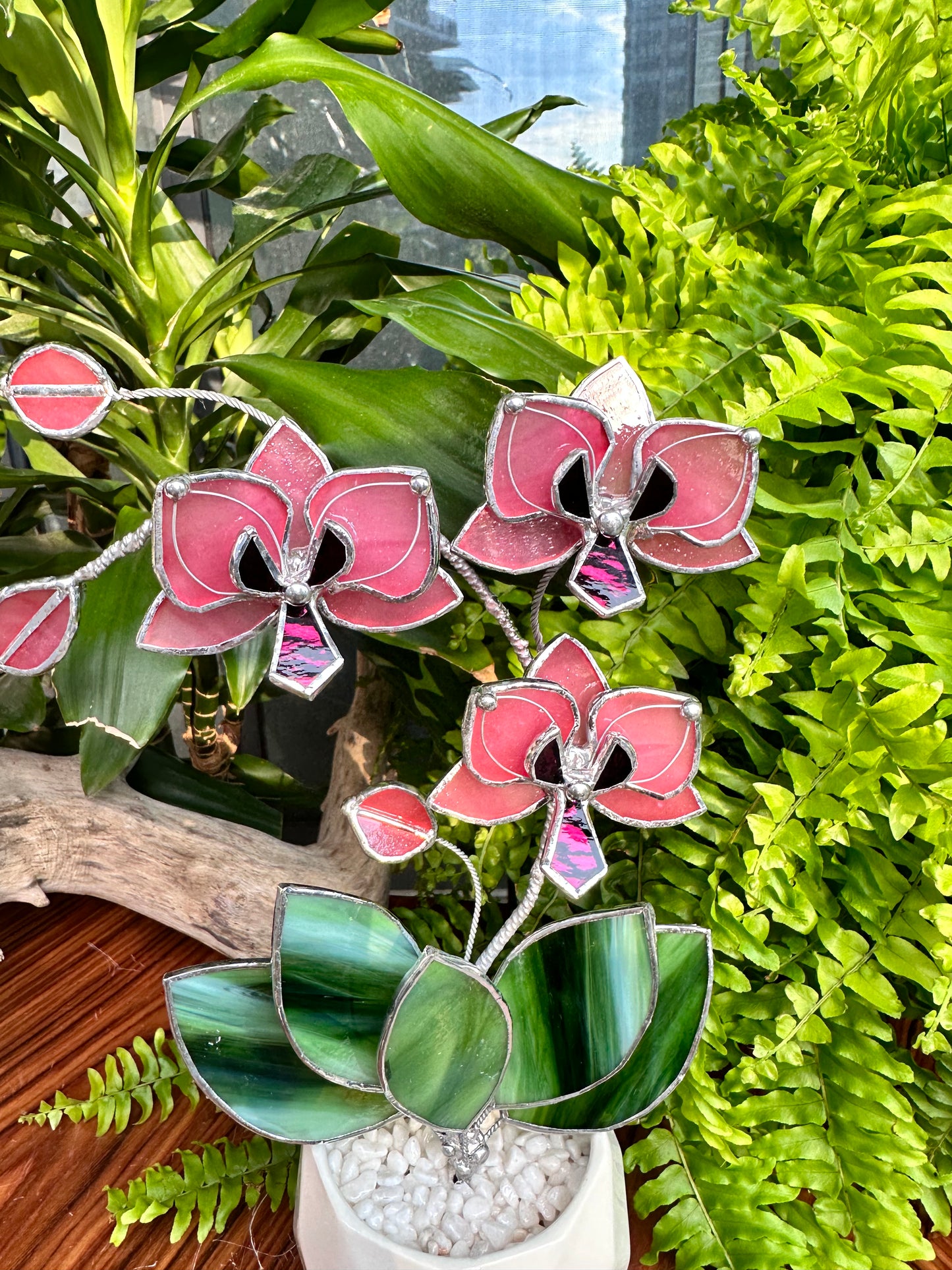 ". Baby Pink Orchid 3 flowers with pot” Stained glass tropical flower 3D, Sun catcher, Table plant, Garden stick, Outdoor and gardening decor