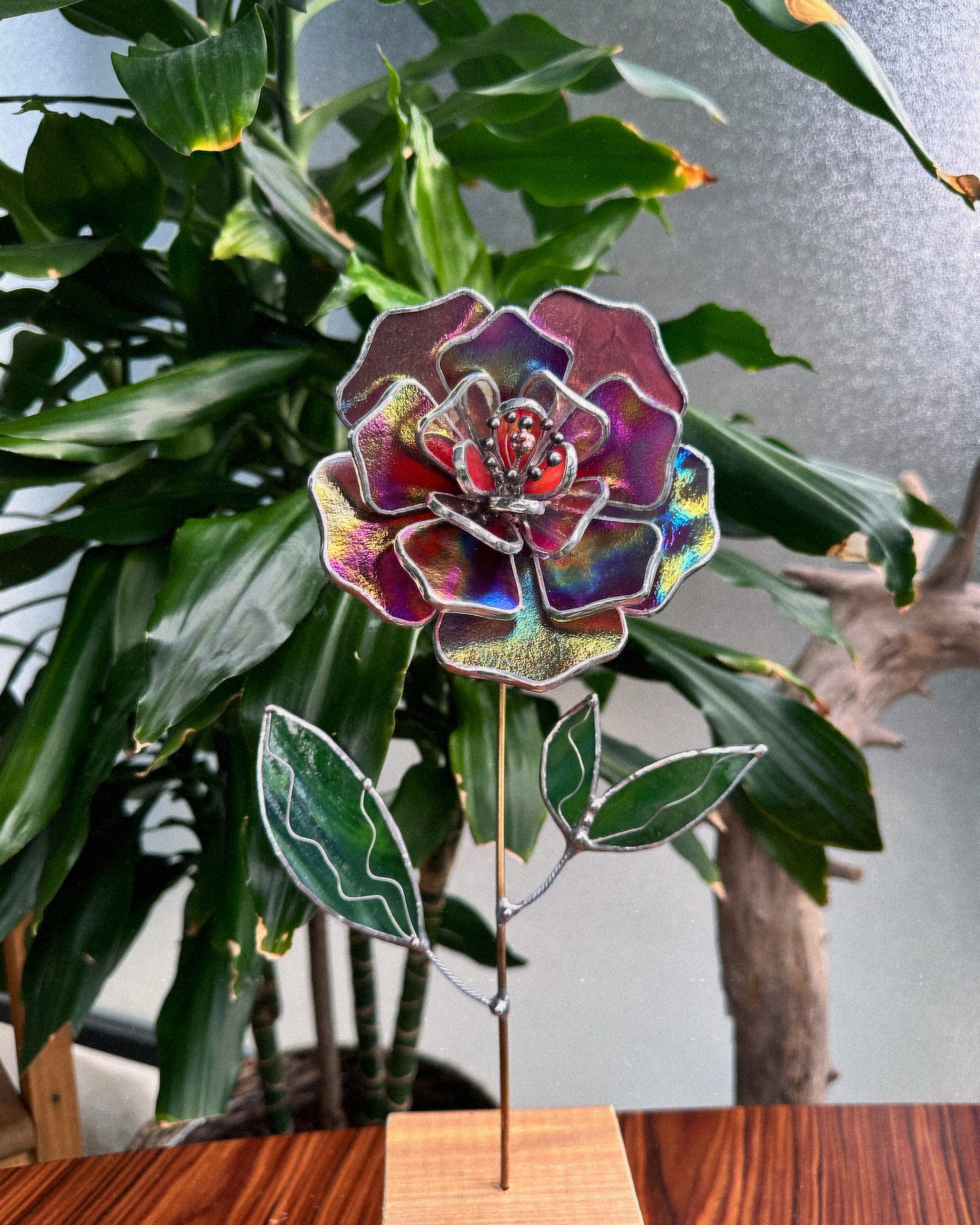 " . Mauve iridescent Peony Stained glass flower, tropical 3D Sun catcher, Table plant decor, wedding gift, available