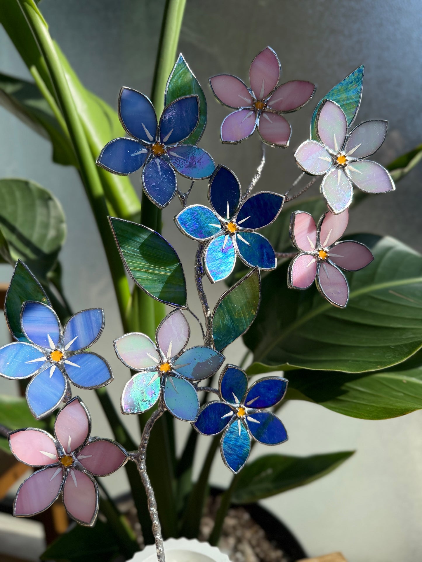 FORGET ME NOT Brunch 10 flowers in a pot, Stained glass Handcrafted Floral Home Decor