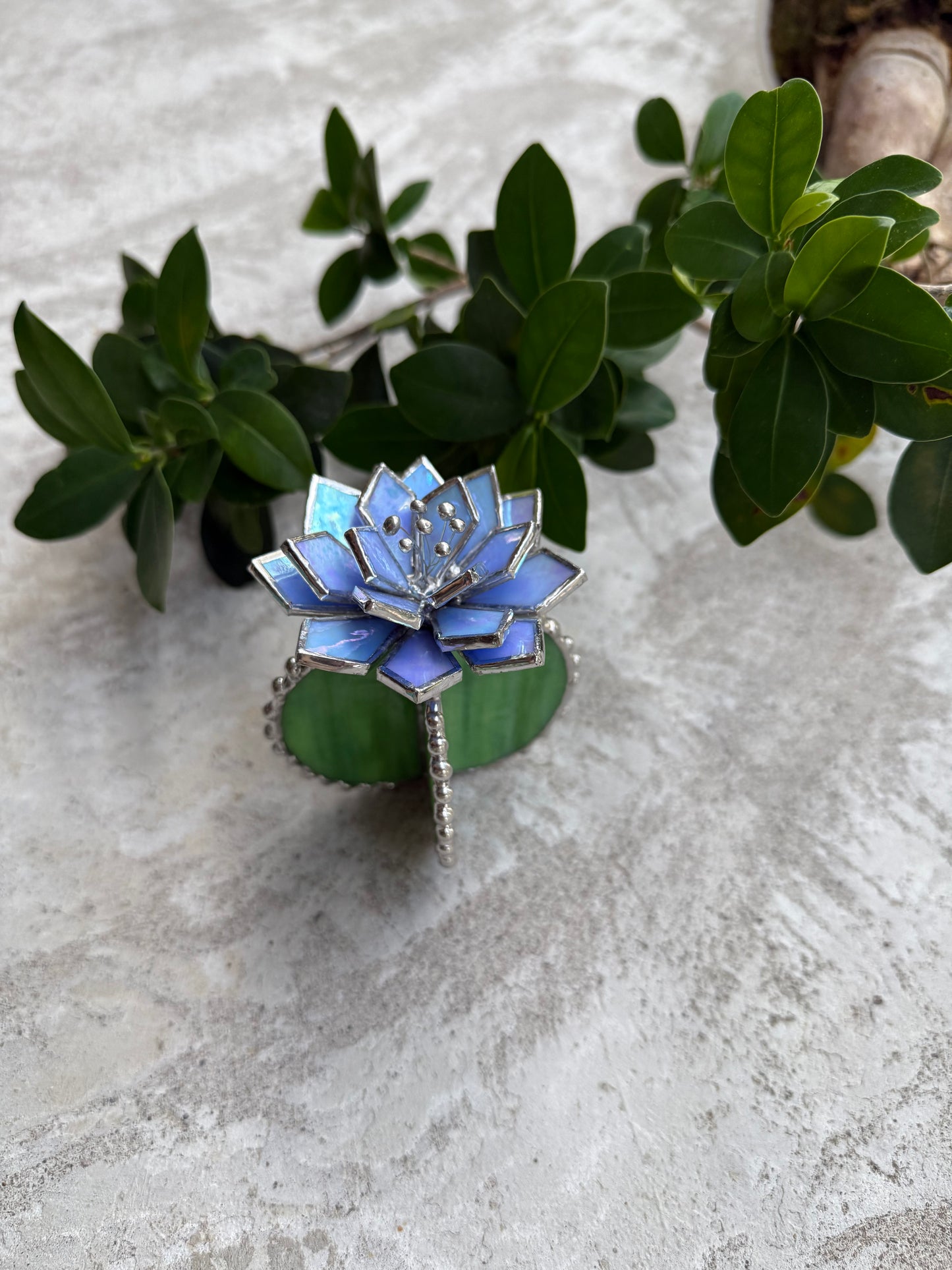 "Cactus Sky blue lumi & green ribbed" Stained glass Succulent 3D design, house plant for flower pot, Sun catcher, glass art, wedding decor