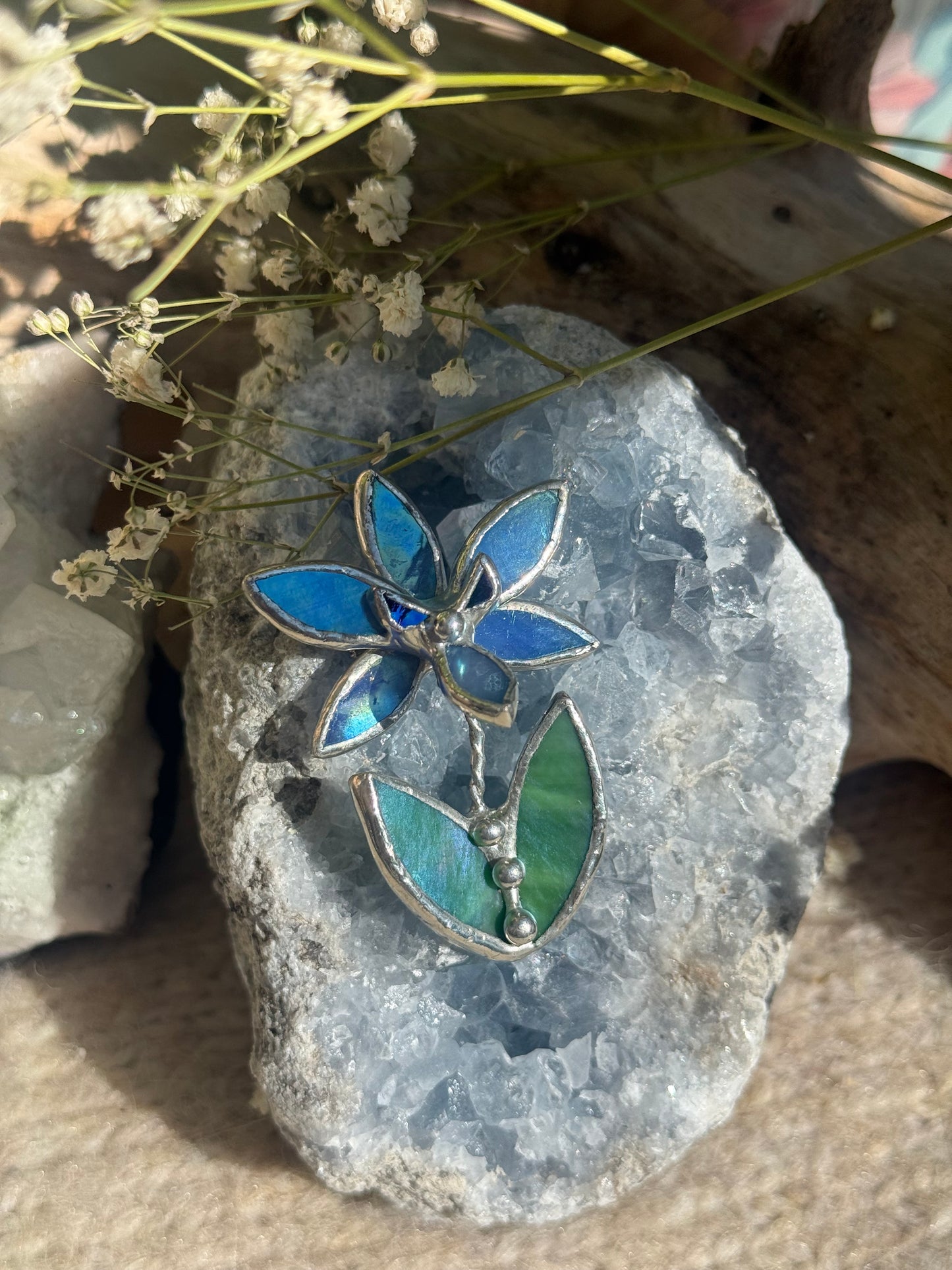 Orchid Blue lumi Brooch Stained Glass Floral Pin, Modern Art Jewelry statement ready new