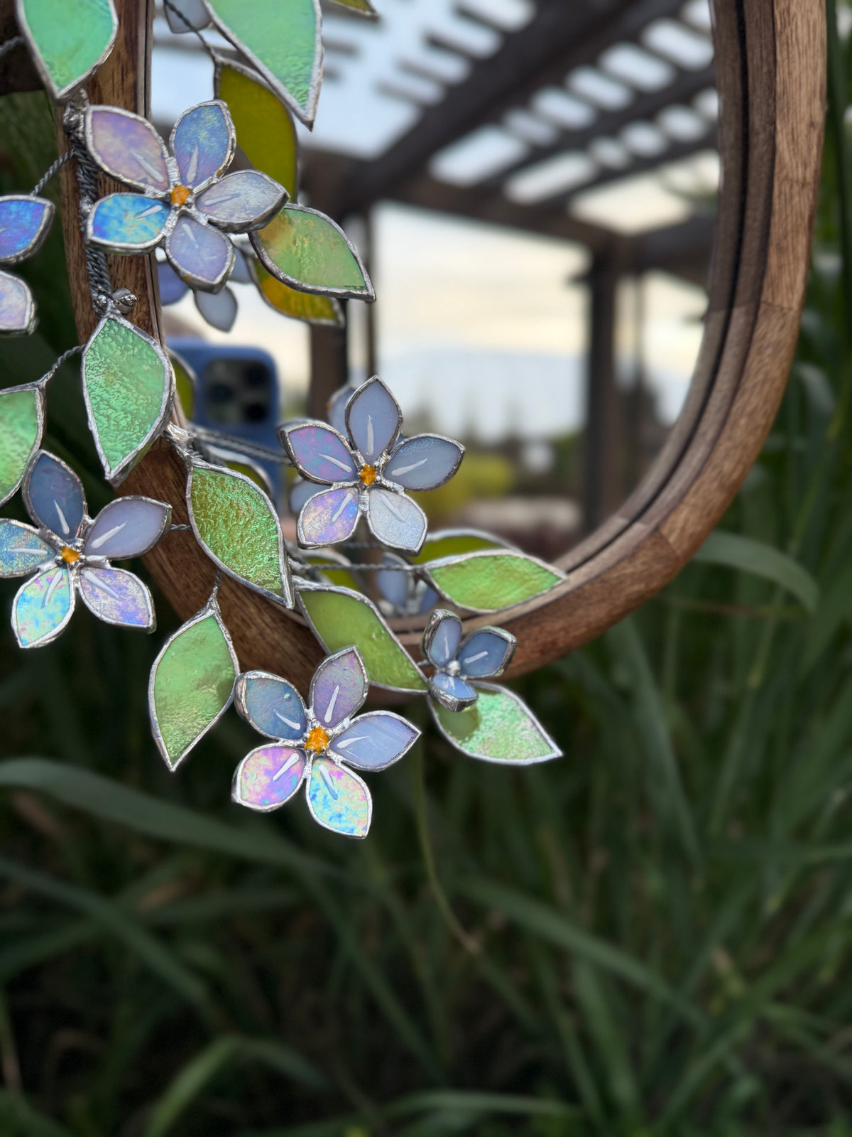 Forget Me Not iridescent Stained glass Flower Mirror, 3D Botanical Floral Wall Art ready new