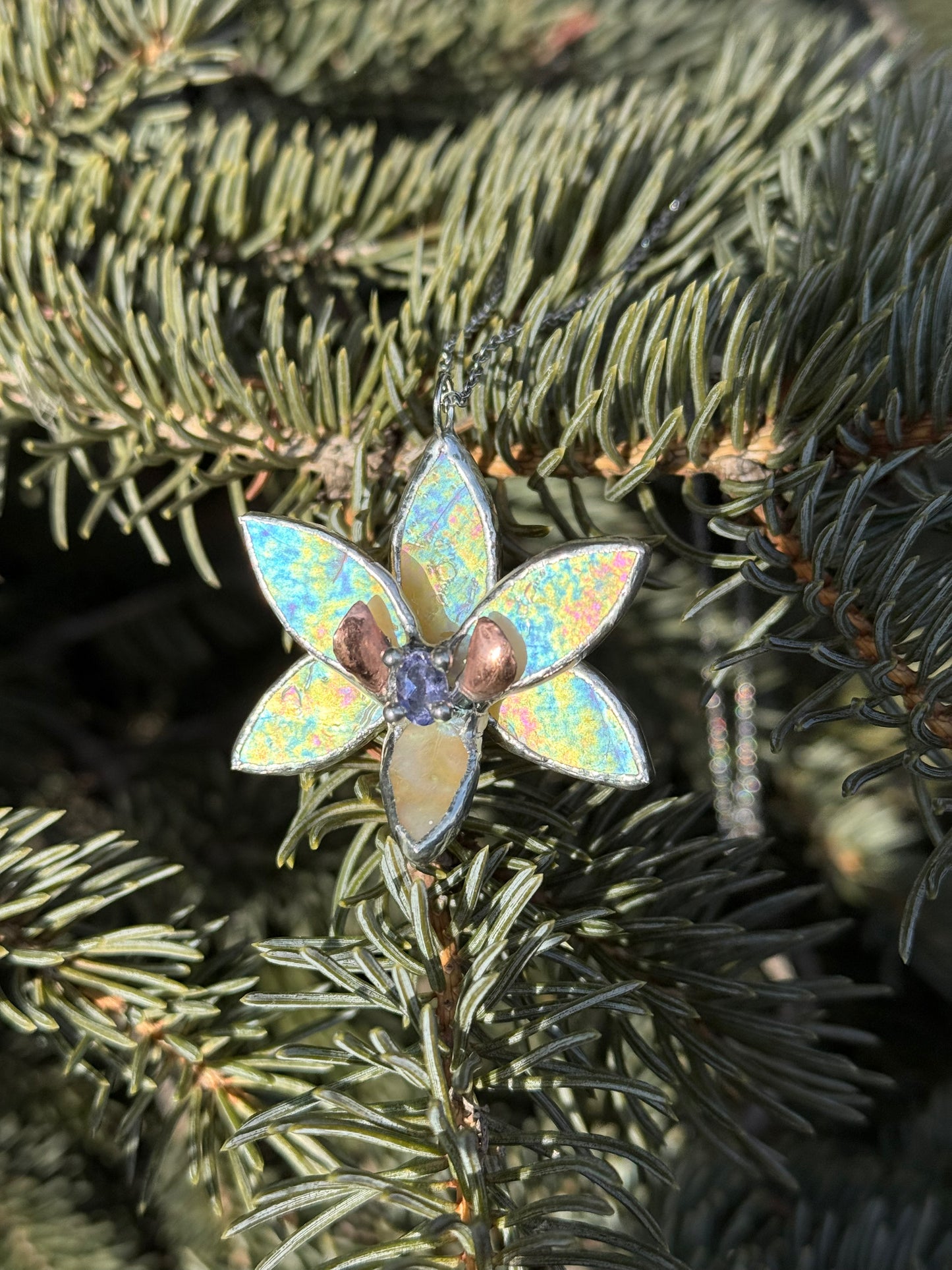 " . Necklace Tropical Orchid Yellow iridescent with Blue Iolite ” Stained glass tropical flower 3D, art jewelry