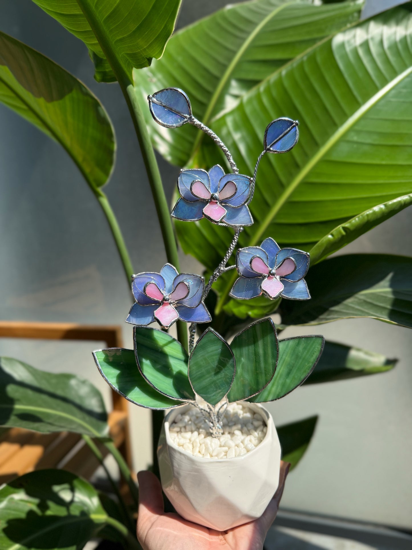 .Blue Lavender Orchid in a pot, 3 flowers Botanical Stained Glass Modern Art Decor new