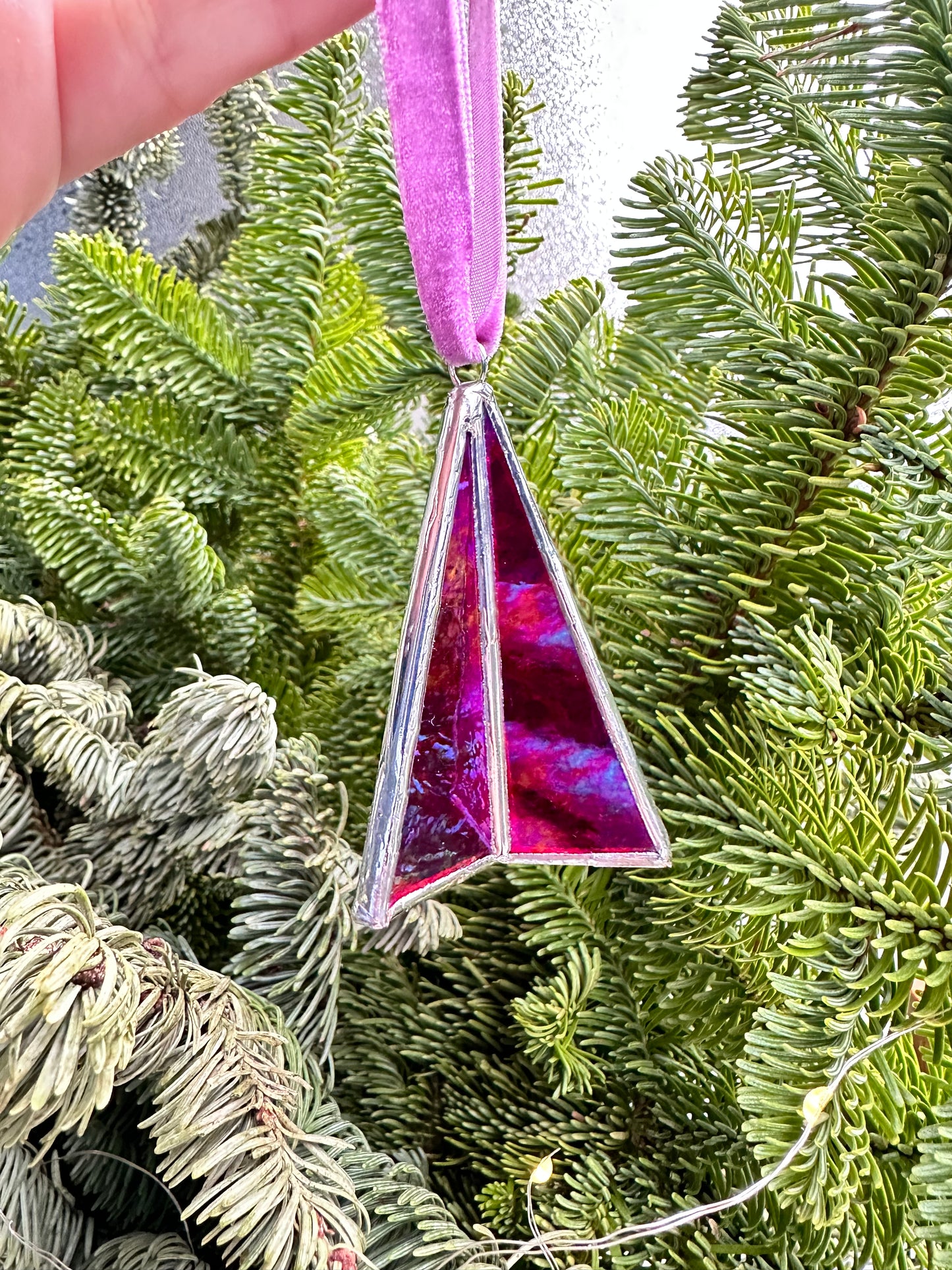 Christmas Stained glass ornaments Red iridescent tree Set of 1, 3, 5, Secret Santa, Holiday decor, Handcrafted, Wedding gift