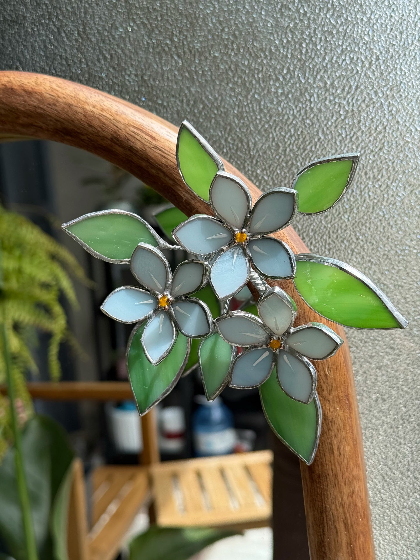 .Forget Me Nots Stained glass Wall Mirror, 3D Botanical Floral Art ready