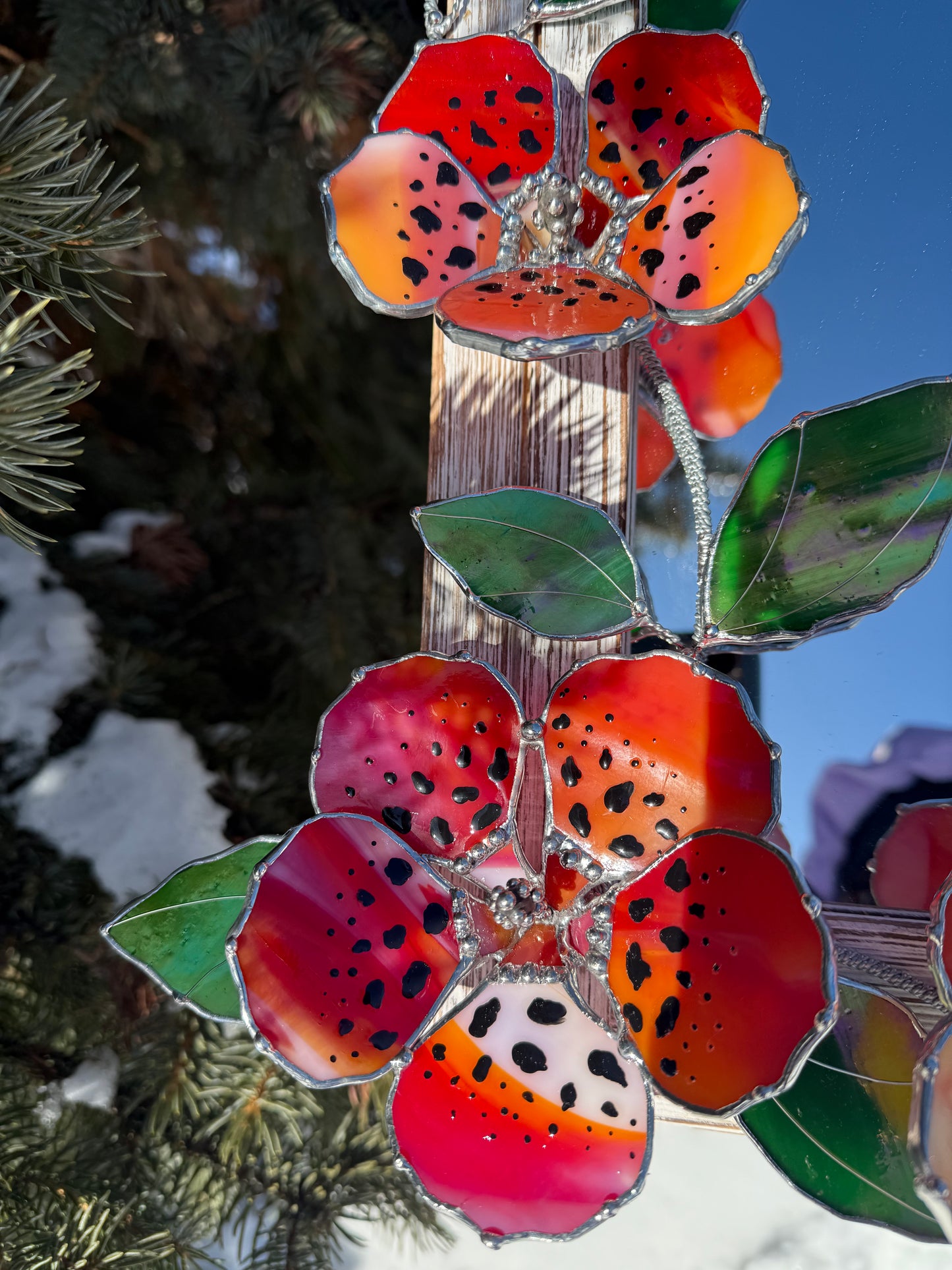 .Tiger Hibiscus Stained glass Wall Mirror, 3D Botanical Floral Art