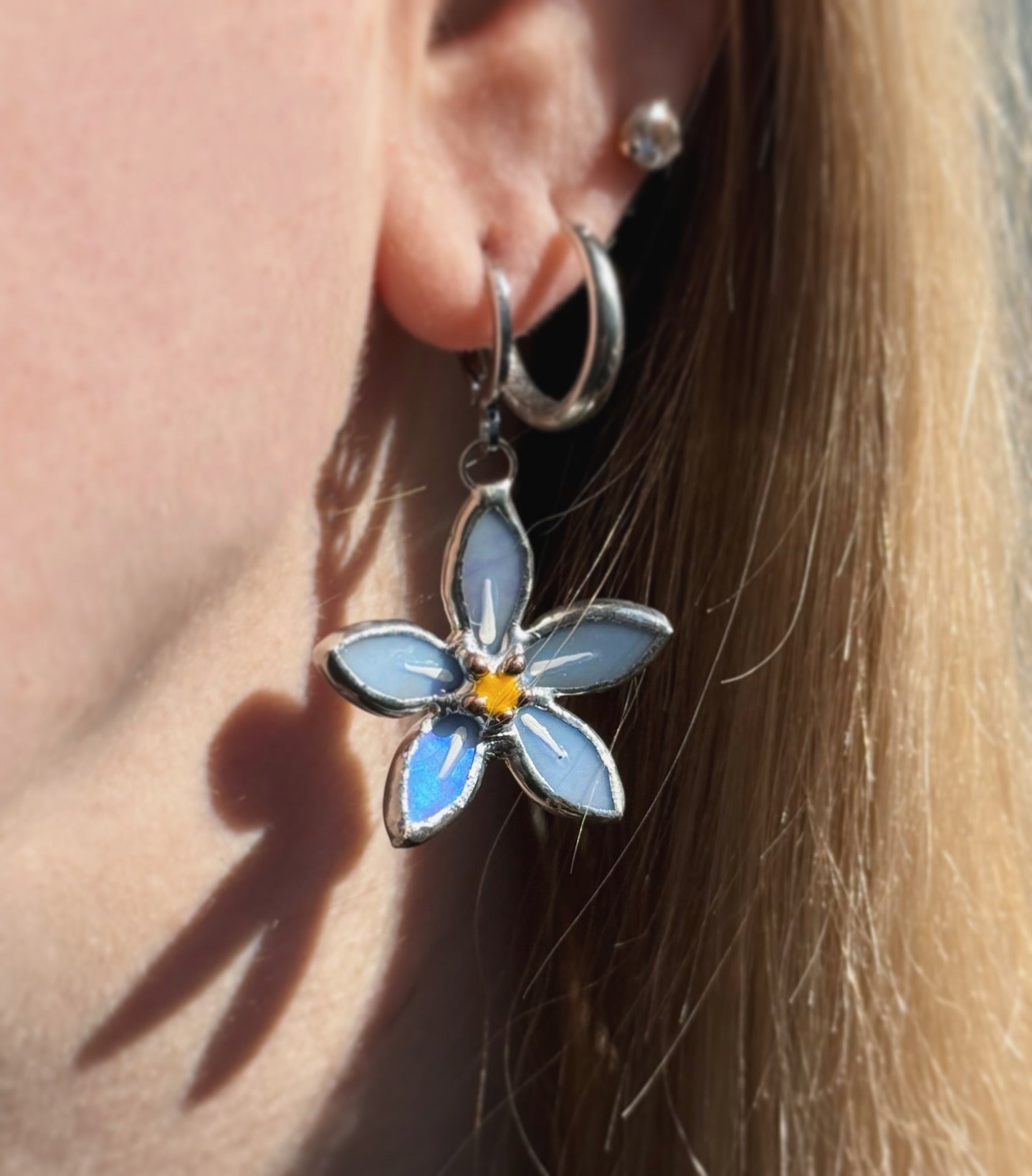 Forget Me Not Earrings Sky Blue Iridescent Handcrafted Stained glass Botanical Art Jewelry