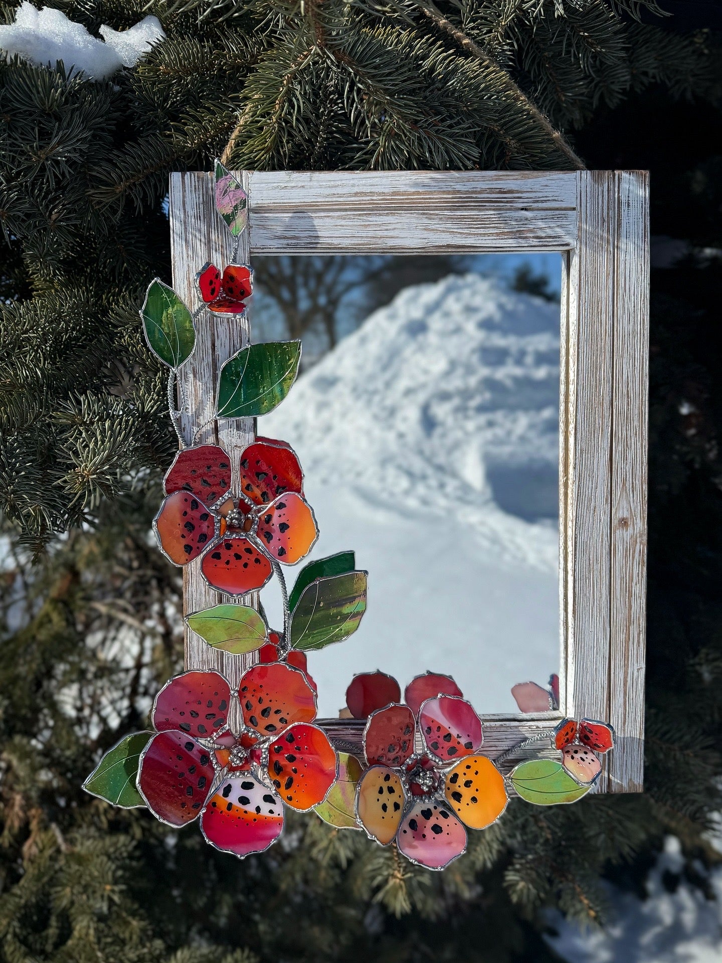 .Tiger Hibiscus Stained glass Wall Mirror, 3D Botanical Floral Art