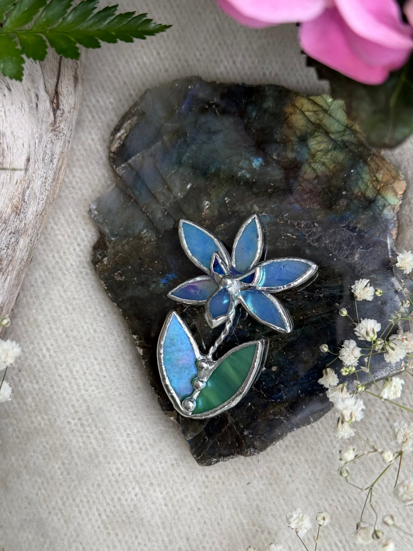 Orchid Blue lumi Brooch Stained Glass Floral Pin, Modern Art Jewelry statement ready new