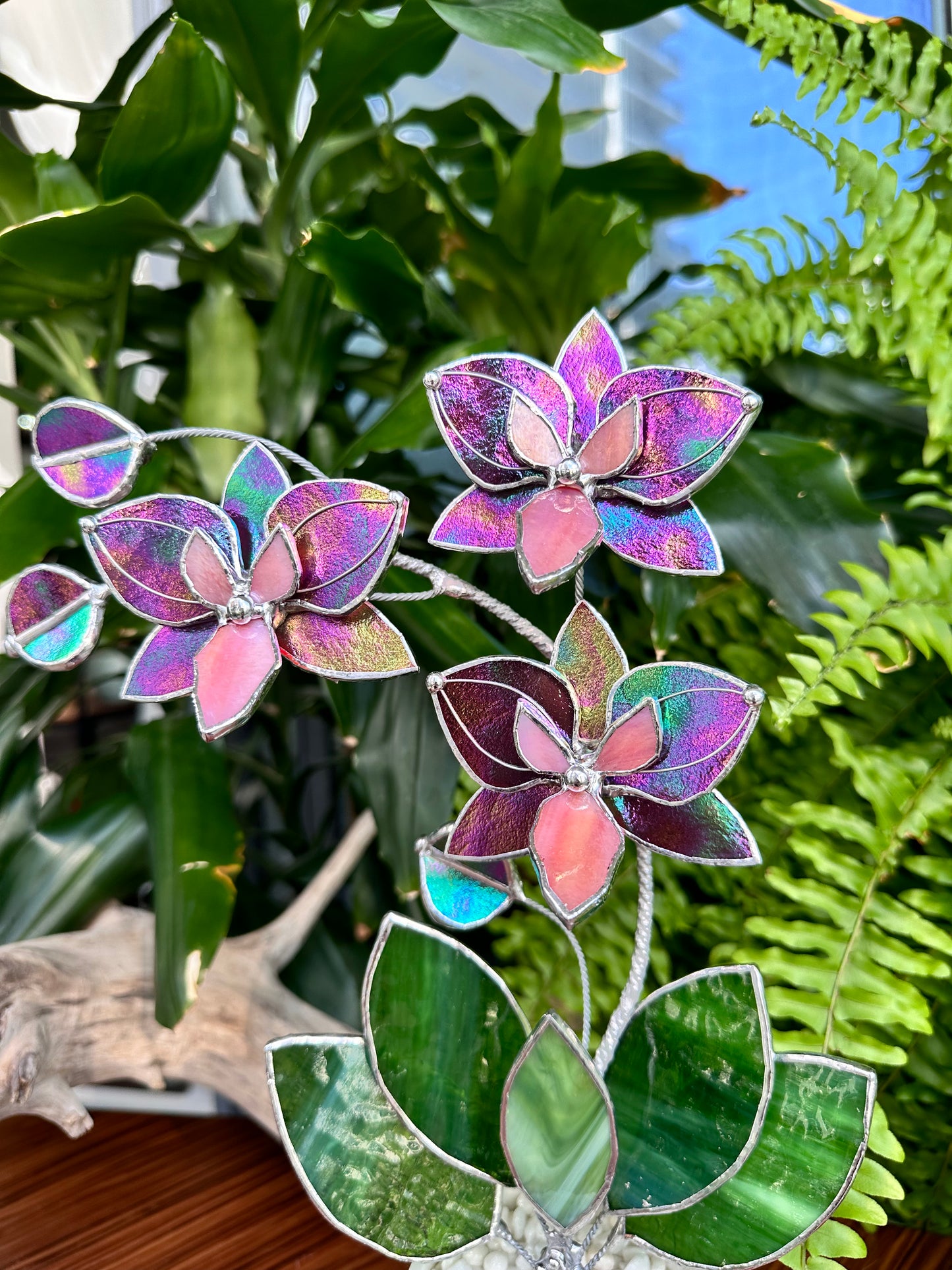 " . Mauve iridescent Butterfly Orchid 3 flowers with pot” Stained glass tropical flower 3D, Sun catcher, Table plant, Garden stick, Outdoor and gardening decor