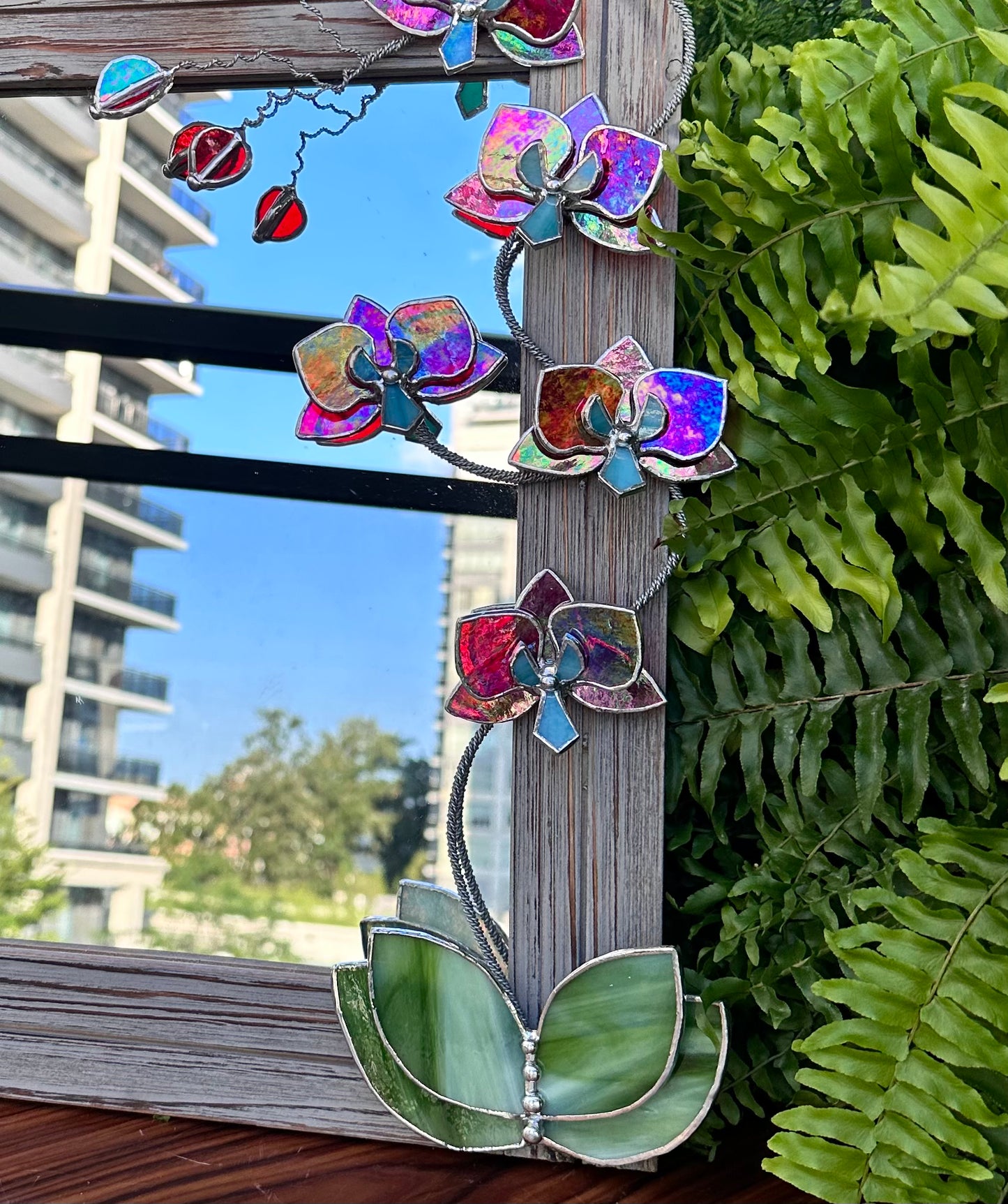 ". Blooming Orchid Red iridescent" Stained glass flower Mirror, Wall decor, Wedding, Christmas gift