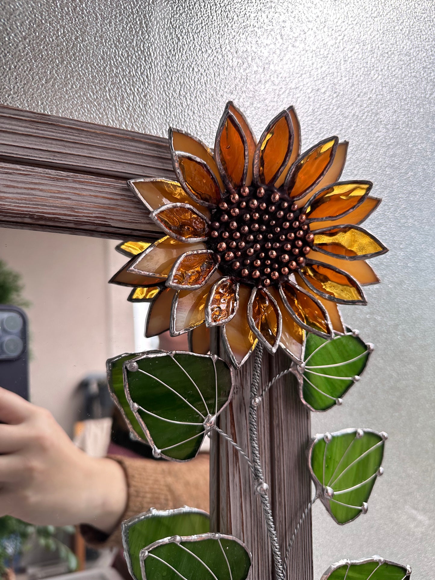 "Golden Sunflower" Stained glass flower Mirror, wall decor Art, Wedding, Christmas, gift Decoration Glass flowers Succulents