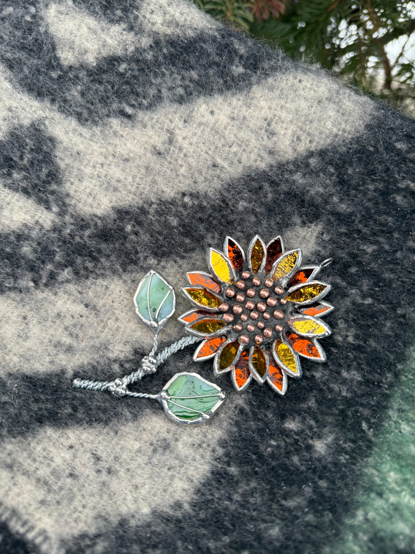 " . Sunflower Brooch Gold & Amber Silwercoat” Stained glass tropical flower 3D