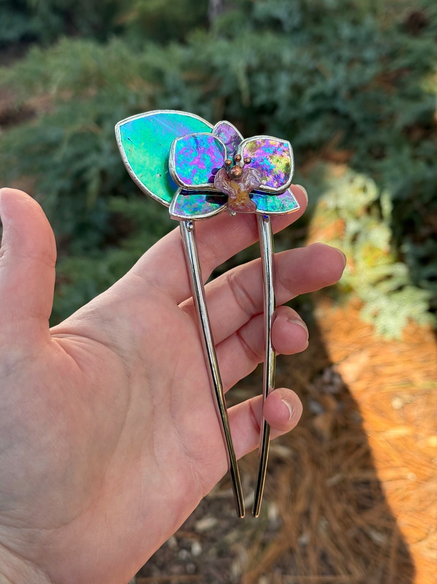 Hair Pin Stained Glass Orchid Flower CHOOSE COLOR Handmade Floral Accessories