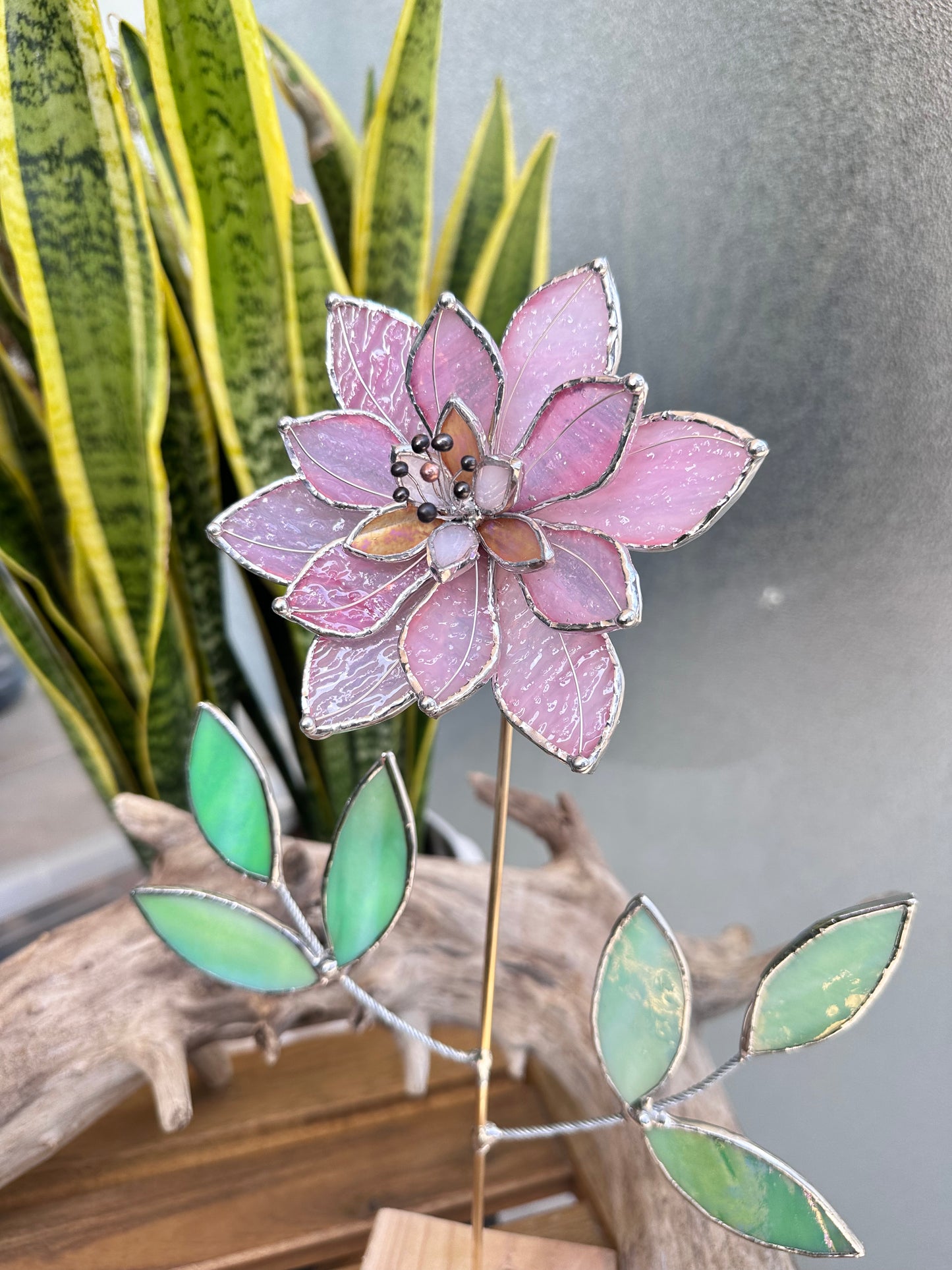 ". Candy Pink Lily translucent ribbed" Stained glass tropical flower 3D, Sun catcher, Table plant, Garden stake, wedding decor, Christmas gift, available