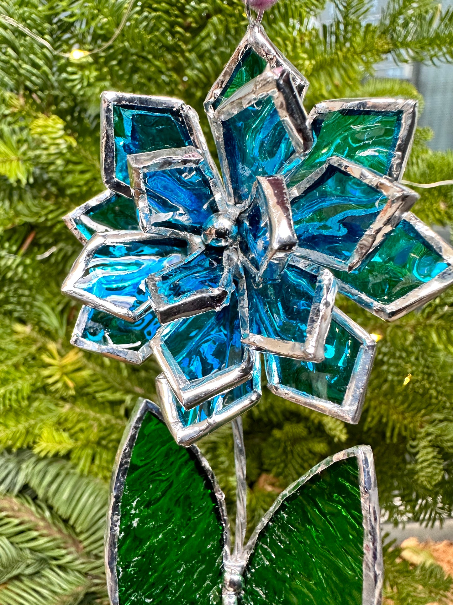 Christmas tree ornament Flower Blue ribbed transparent Set of 1, 3, 5, 7, 10. Stained glass Wall window decor, holiday decorations, lights