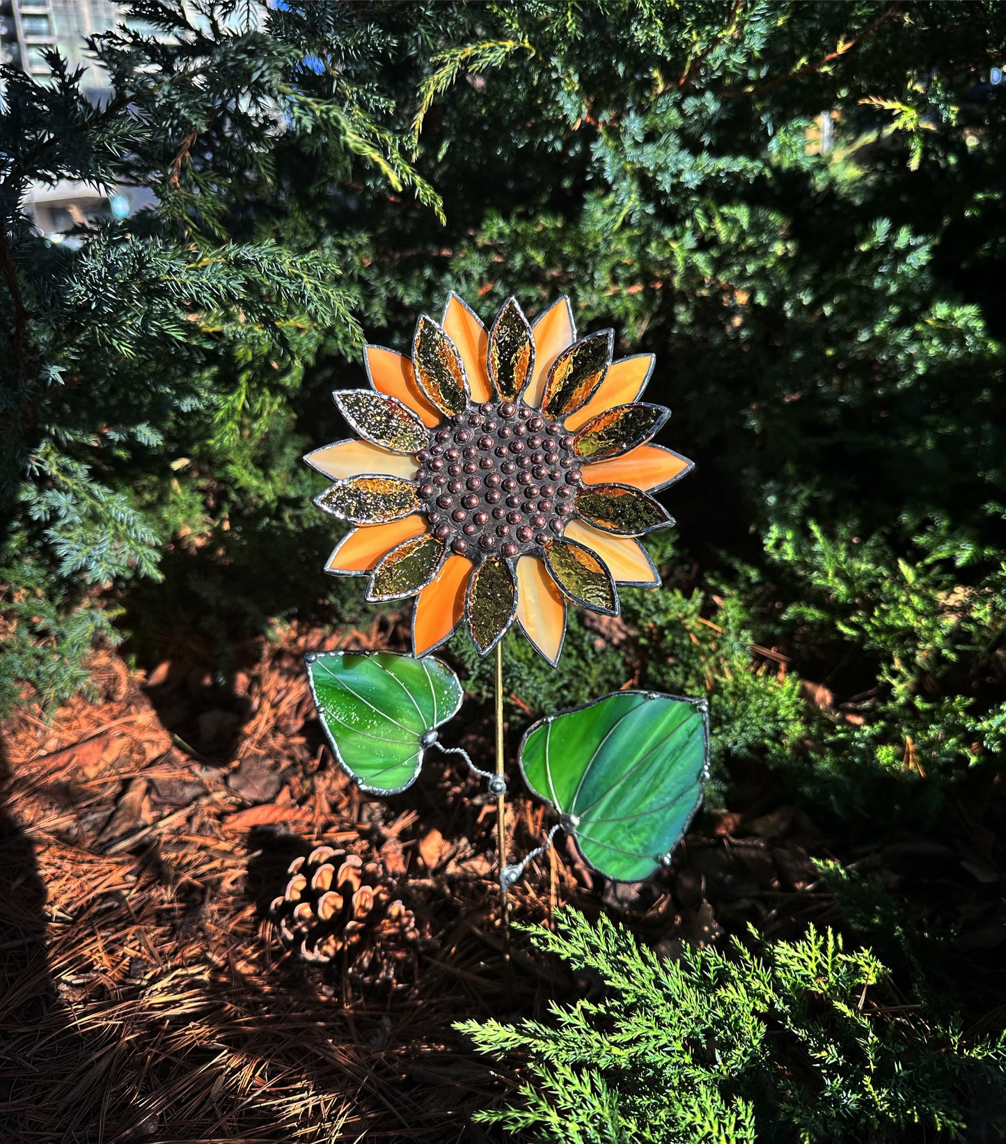 ".Sunflower Light Amber", stained glass tropical flower 3D, Sun catcher, Table plant decor, Garden stake, Outdoor and gardening, wedding Christmas gift