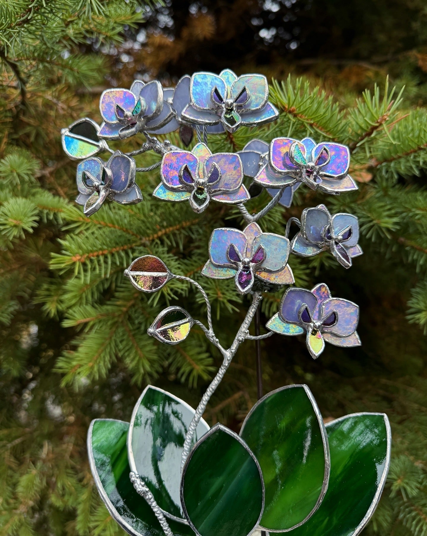 "  . Stained glass Orchid Lavender iridescent, double sided, 10 flowers with pot”, Stained glass tropical flower 3D, Suncatcher, Table plant decor