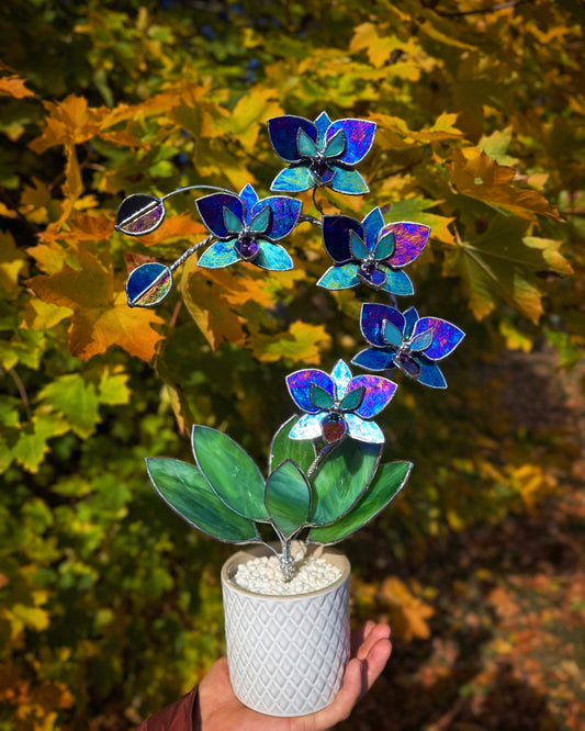 ". Amethyst luminescent XL Orchid 5 flowers with pot, Stained glass Suncatcher 3D, plant, Wedding Christmas Gift, Outdoor decor