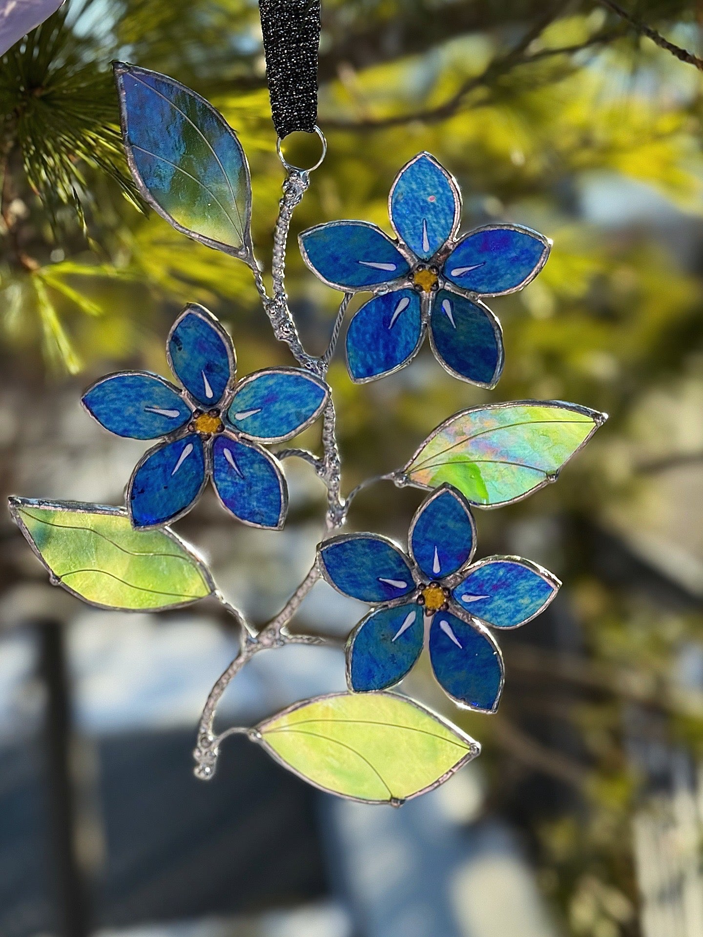 "  . Forget me not flower Indigo iridescent Wall Pendant, Stained glass, Walldecoration, Suncatcher