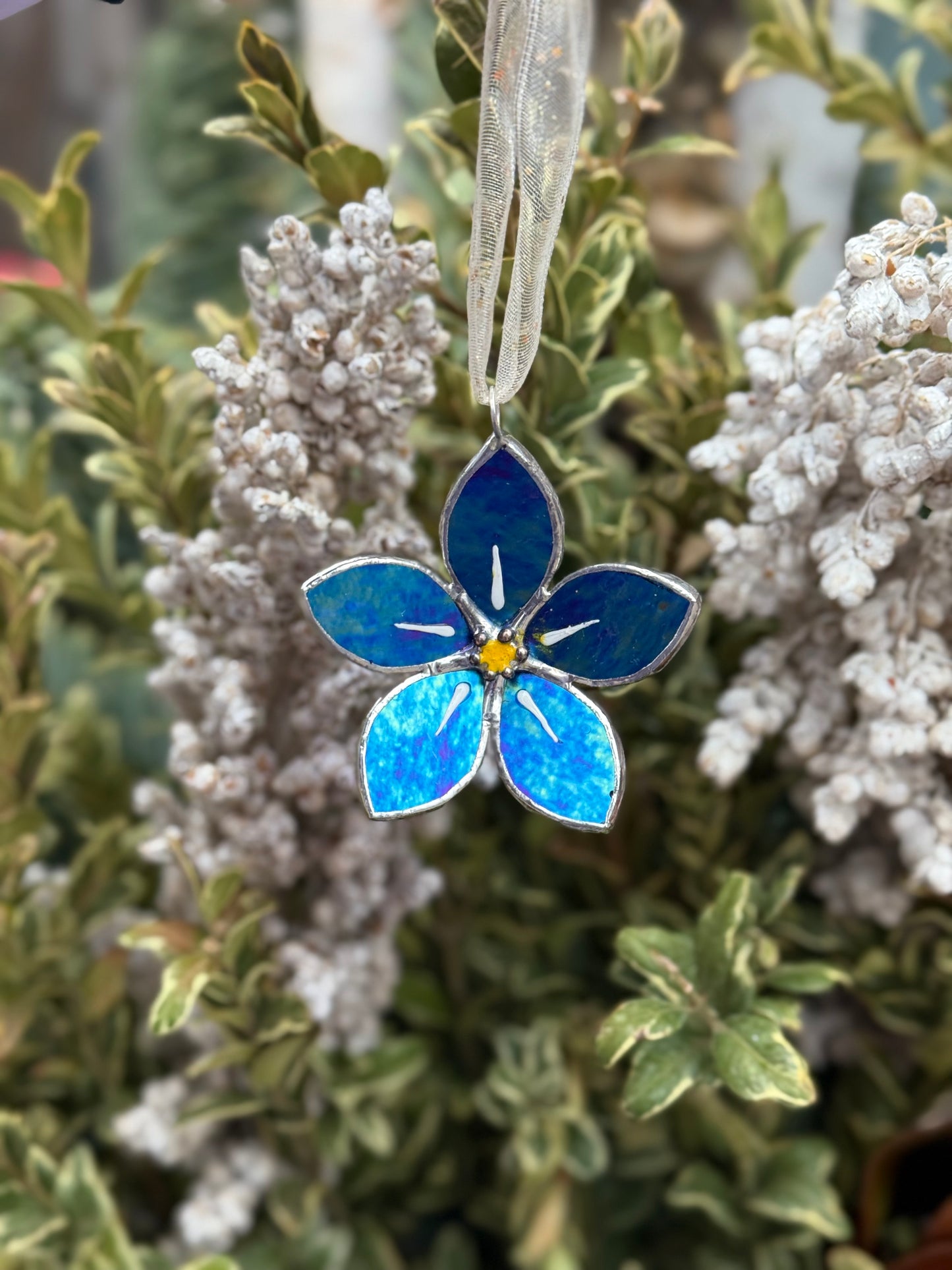 Forget Me Not Stained Glass Ornament Indigo Handmade Floral Suncatcher
