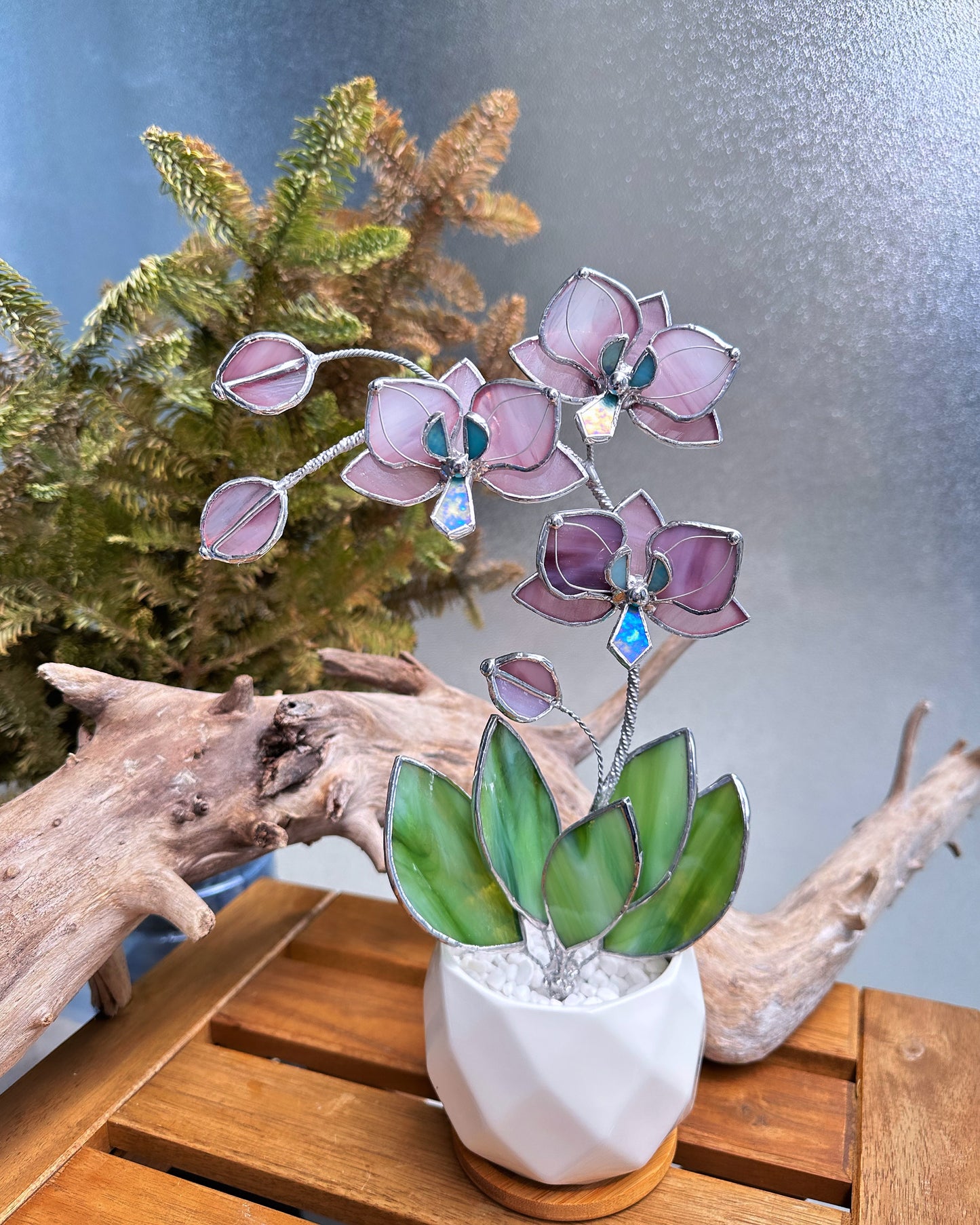 " .Dusty Rose translucent Orchid 3 flowers with pot” Stained glass tropical flower 3D, Sun catcher, Table plant, Garden stick, Outdoor and gardening decor