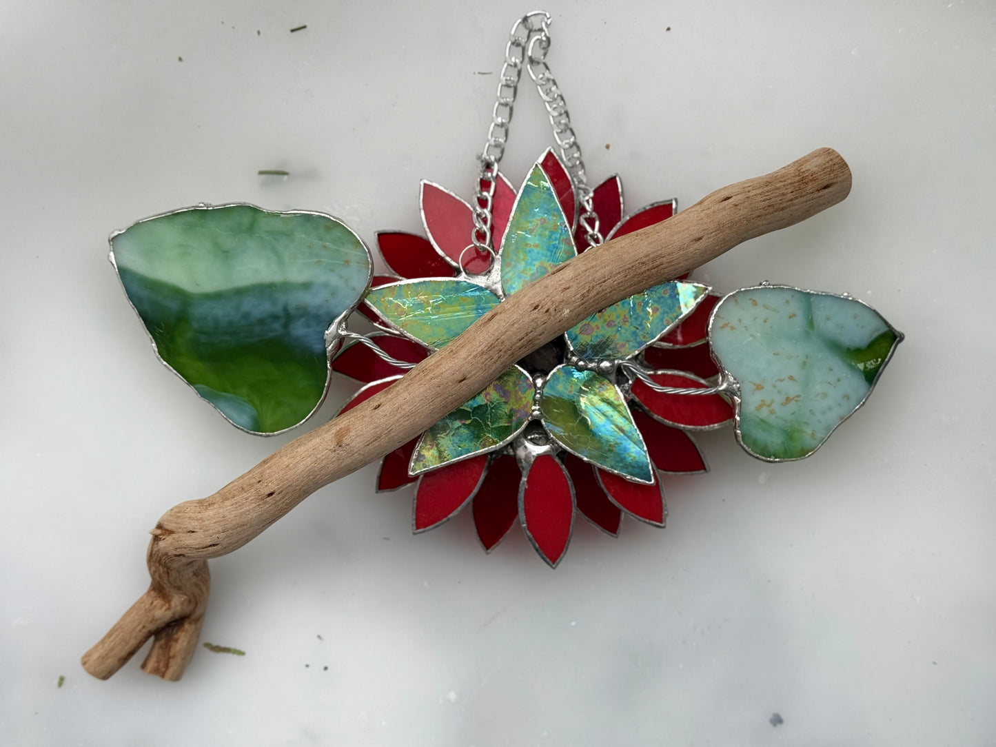 "  . Sunflower Red iridescent", stained glass wall decor, tropical flower 3D, Sun catcher, Plant decor