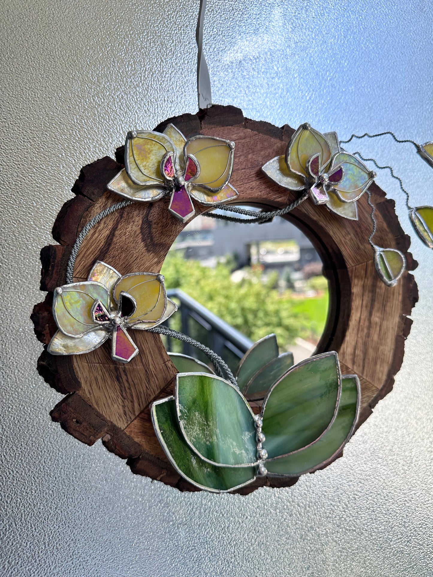 ". Yellow iridescent Orchid Mirror" Stained glass flower Wall decor.  Sun catcher Wooden frame Home wedding Decor Art. Christmas gift