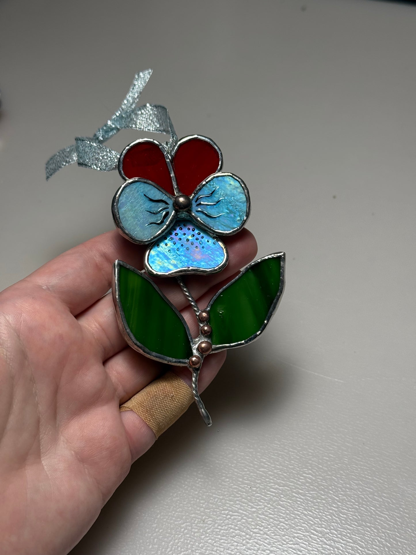 " . Pansy flower with leaves Ruby red & turquoise irid , Stained glass Decorative ORNAMENT, Christmas decoration, Suncatcher