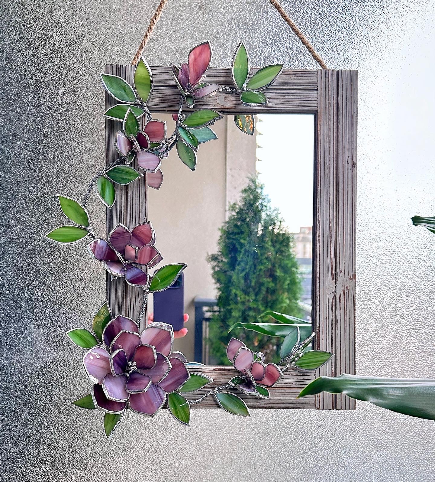 ".Flower Mirror Purple Magnolia, Stained glass Wedding Wall Decor Christmas gift Everlasting, Suncatcher, succulent, cactus