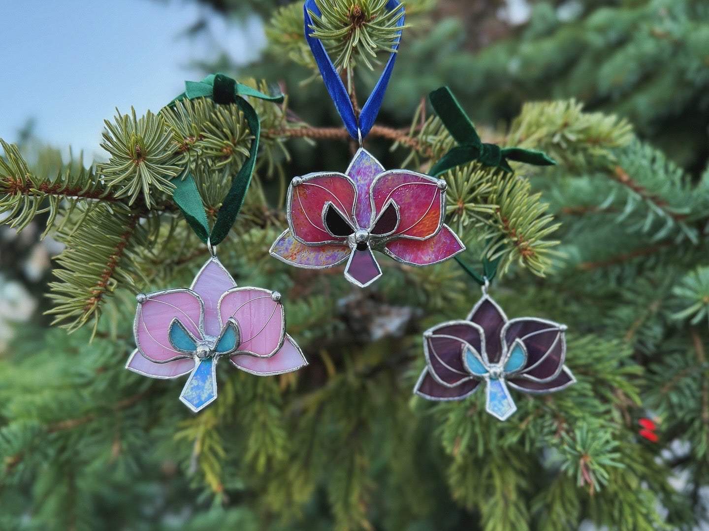 " . CHOOSE COLOR Orchid Flower Christmas ornament, Stained glass Holiday decor, Handmade art plant