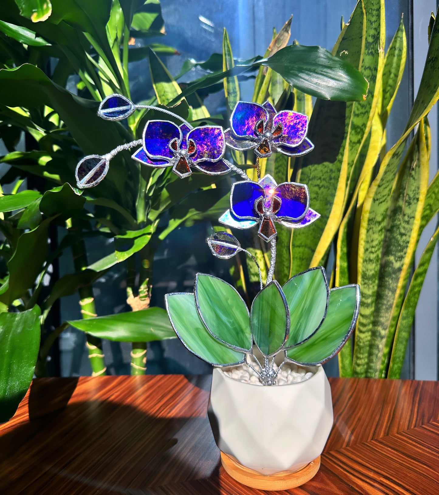 ". Amethyst luminescent Orchid 3 flowers with pot” Stained glass tropical flower 3D, Sun catcher, Table plant, Garden stick, Outdoor and gardening decor