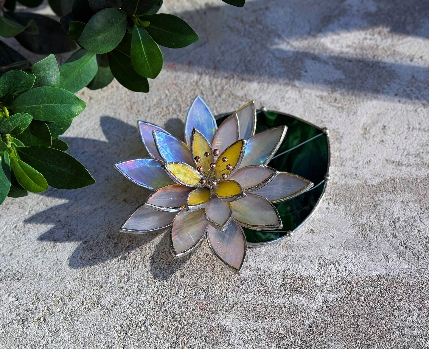 " . Delicate White Water Lily with leaf" Stained glass table decor, holiday decorations, succulents