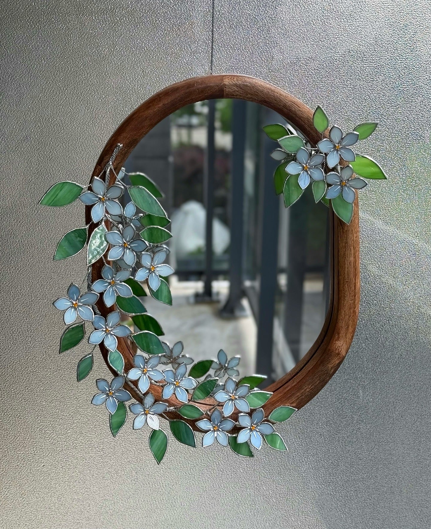 .Forget Me Nots Stained glass Wall Mirror, 3D Botanical Floral Art ready