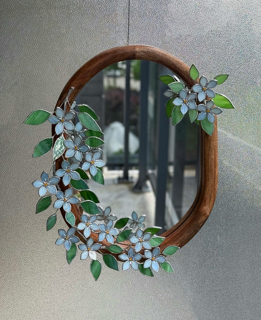 .Forget Me Nots Stained glass Wall Mirror, 3D Botanical Floral Art ready
