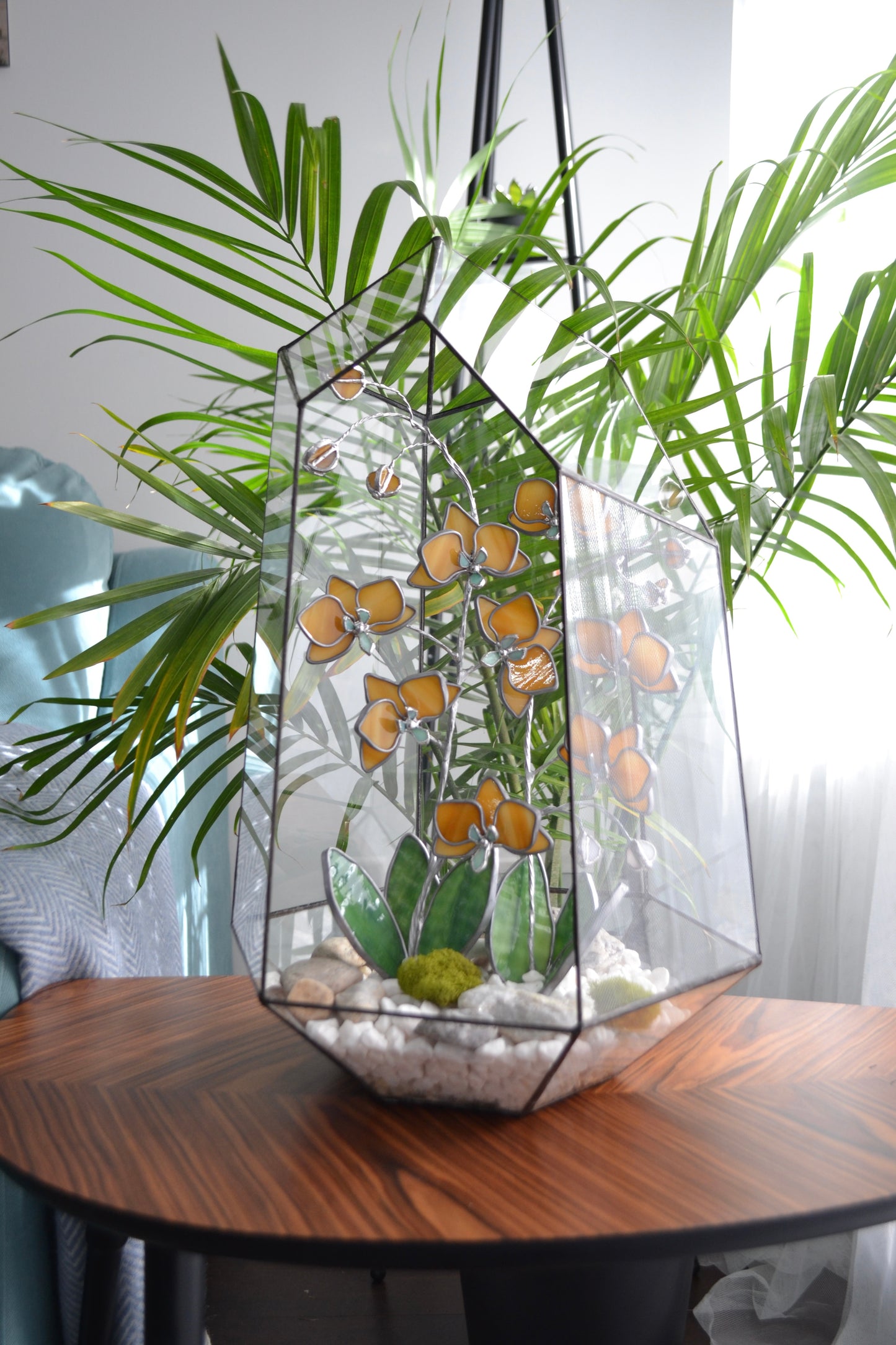 " .Geometric glass 3D terrarium Asymmetrical with stained glass orchids. Wedding glass decor, Mother’s Day  gift, glass art, suncatcher, succulents, cacti