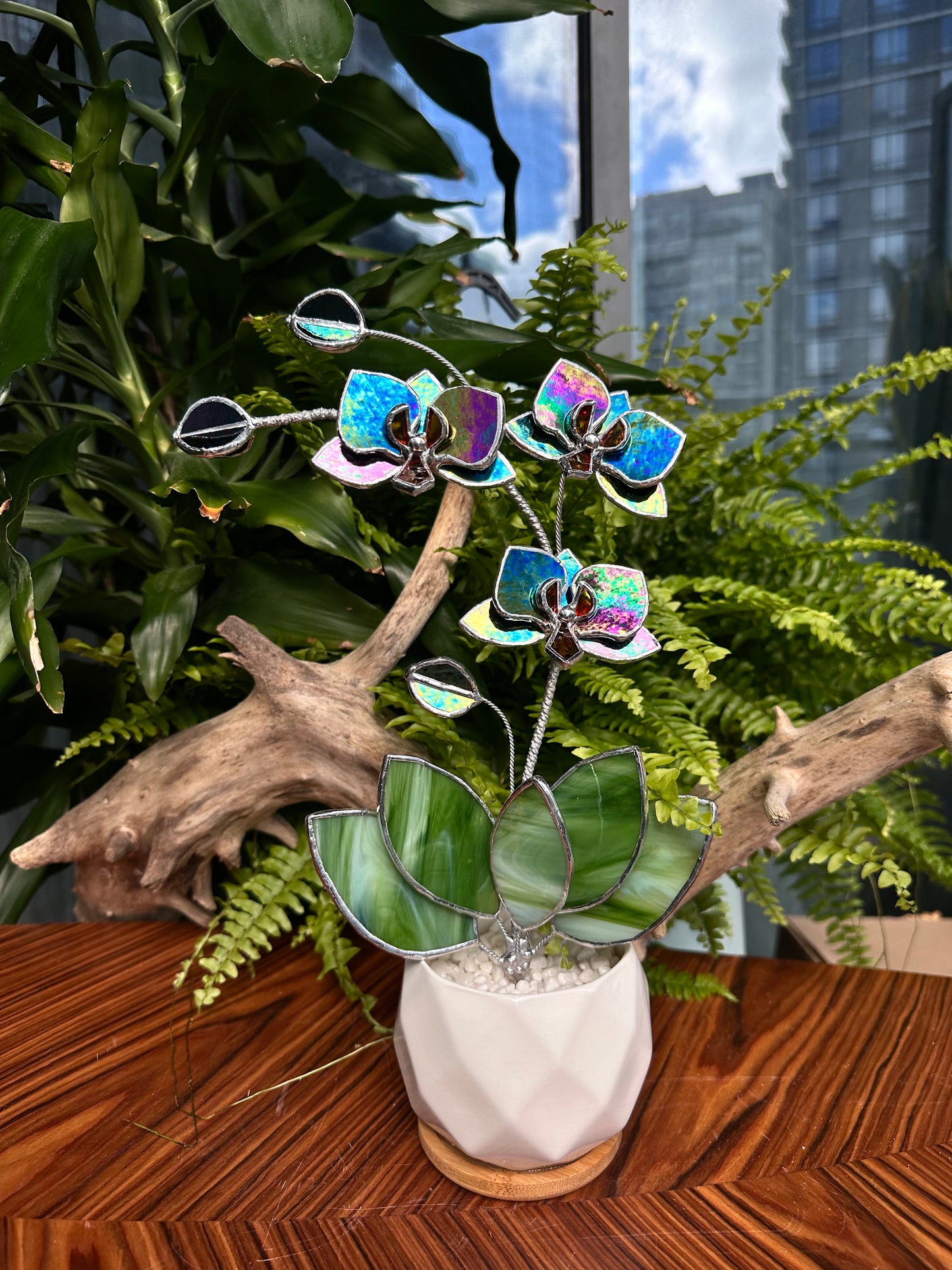 ". Multicolor opaque Orchid 3 flowers with pot” Stained glass tropical flower 3D, Sun catcher, Table plant, Garden stick, Outdoor and gardening decor