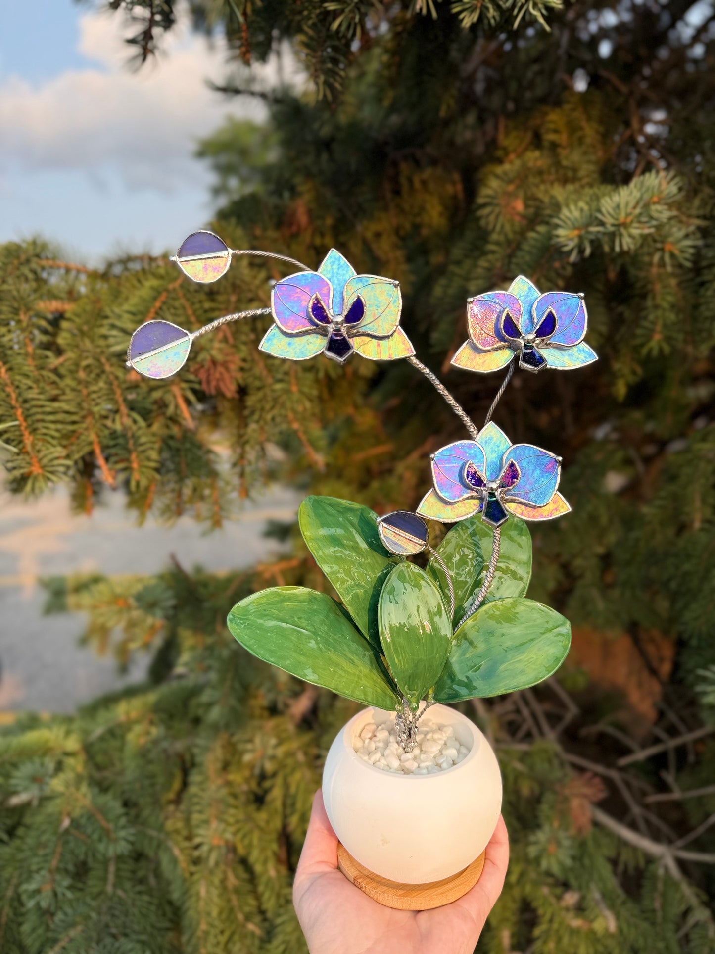Orchid Lavender Blue Stained Glass WITH Hand Painted RESIN LEAVES, 3 Flowers, Botanical Table Decor