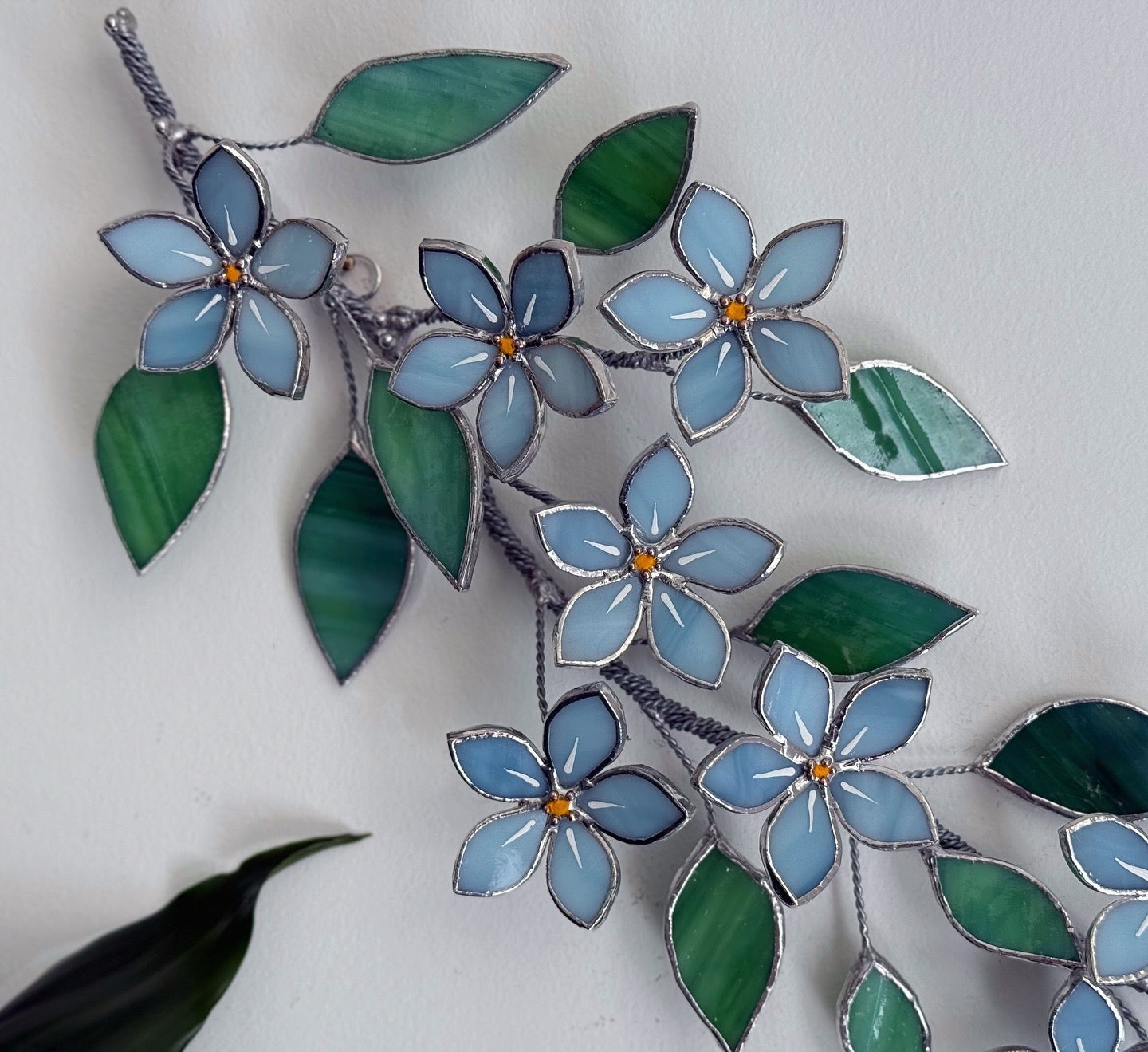 .Forget me Not Flower Branch Stained Glass Wall Decor, Glass Suncatcher Wall Decor ready