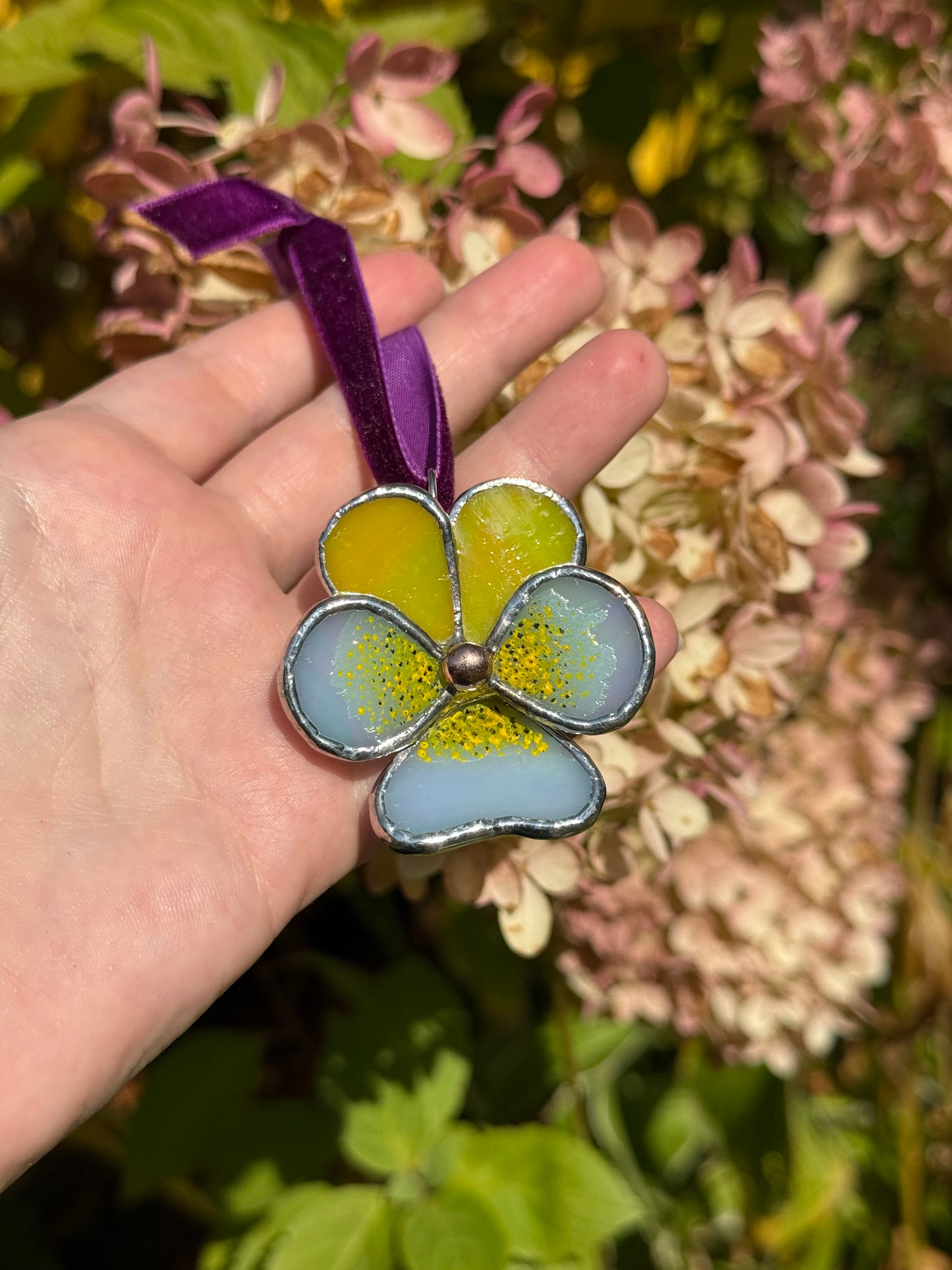 " . Pansy flower Yellow & L.blue irid with pattern, Stained glass Decorative ORNAMENT, Christmas decoration, Suncatcher