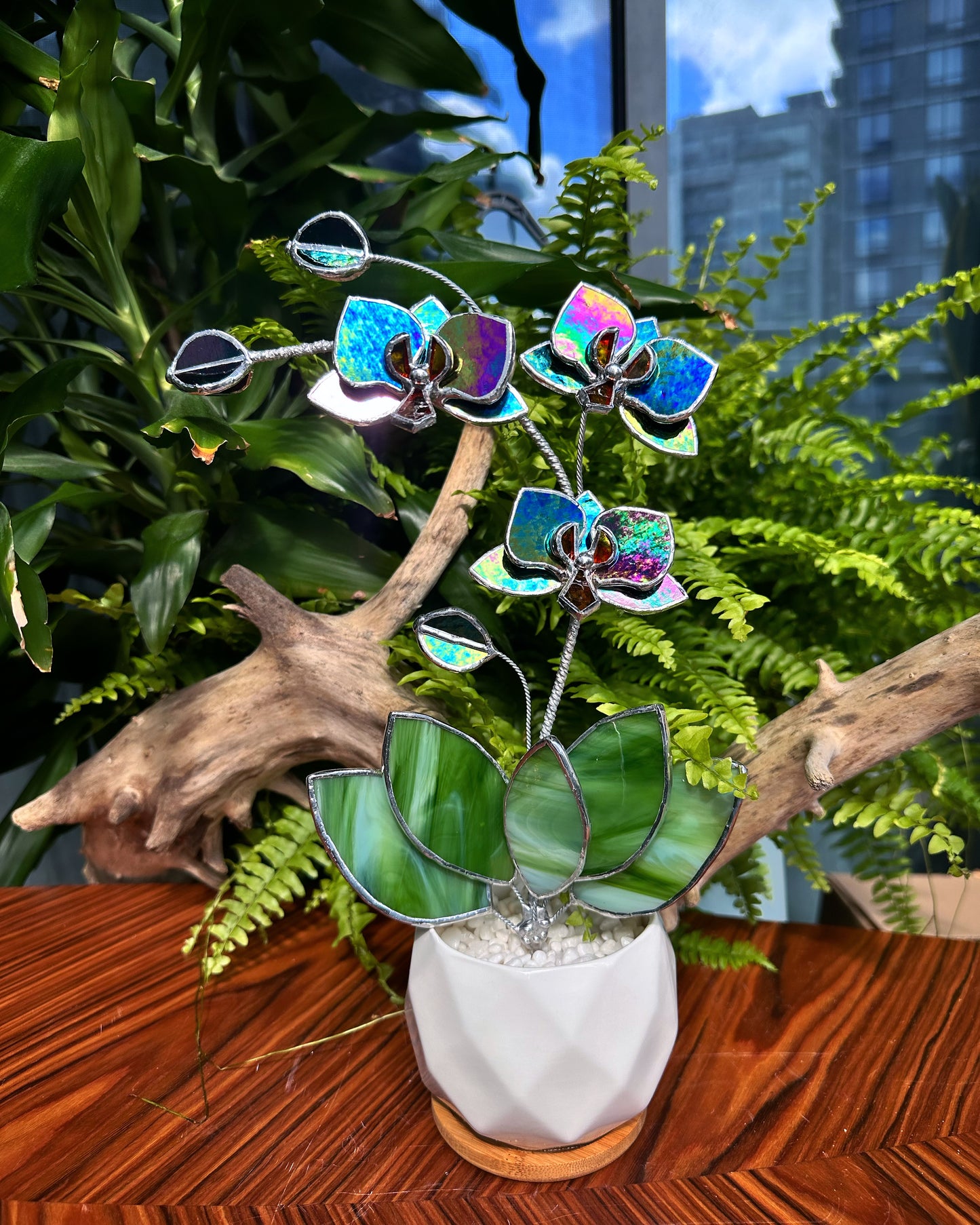 ". Multicolor opaque Orchid 3 flowers with pot” Stained glass tropical flower 3D, Sun catcher, Table plant, Garden stick, Outdoor and gardening decor