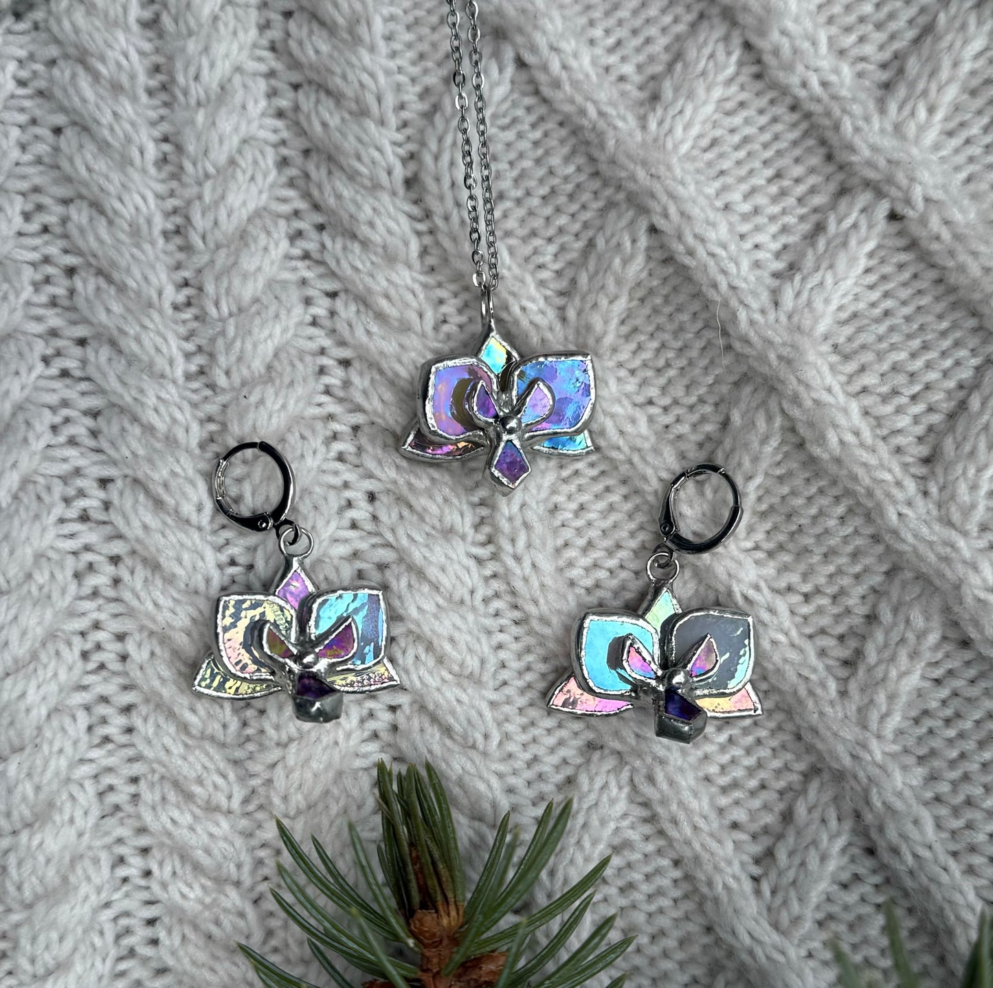 " . CHOOSE COLOR “EARRINGS AND NECKLACE SET Orchid flower” Stained glass tropical flower 3D, art jewelry