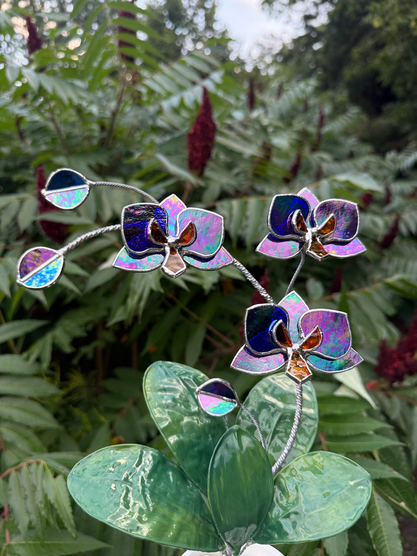 Orchid Indigo Iridescent Stained Glass WITH Hand Painted RESIN LEAVES, 3 Flowers, Botanical Table Decor