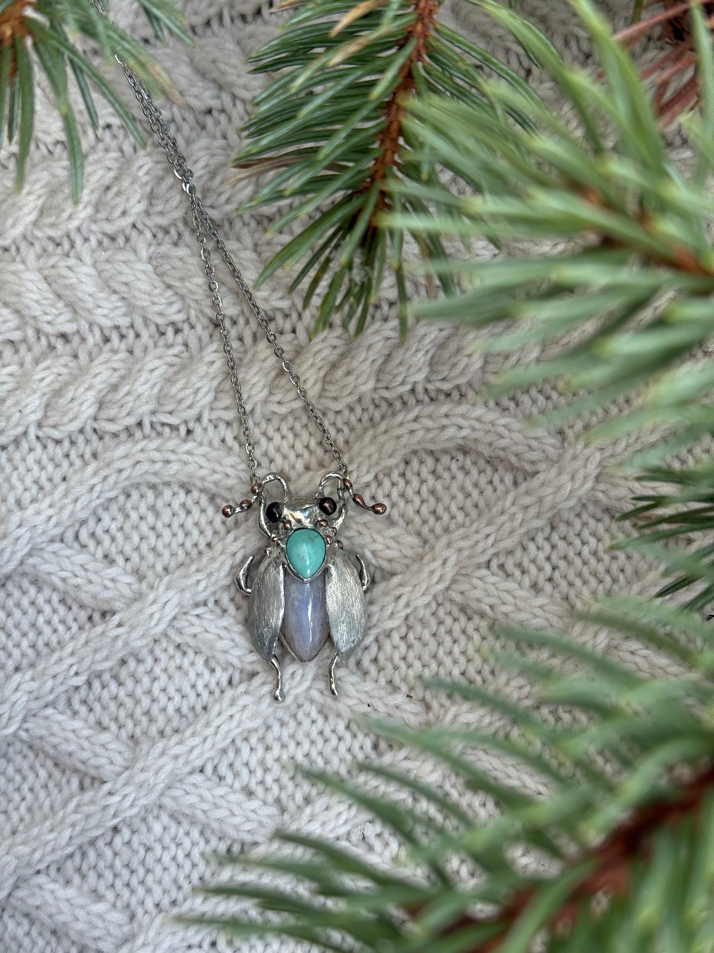 " . Bug necklace Moon Cicada with Blue Turquoise & Moonstone”, art jewelry pendant 3D wedding jewelry Mother’s Day gift