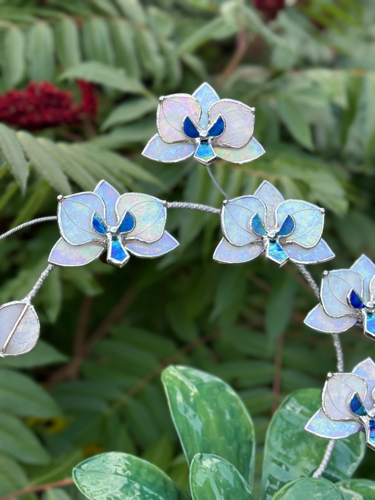 Pearl White iridescent Artificial Orchid, WITH RESIN LEAVES, 5 Flowers, Handmade Botanical Art Decor