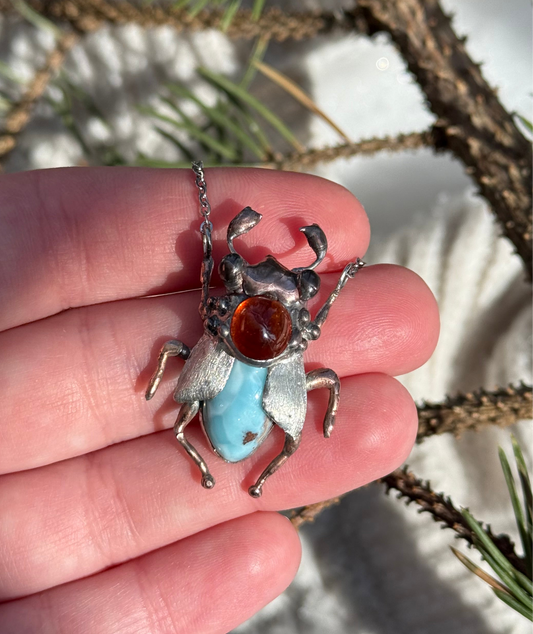 " . Bug necklace Melolontha with Blue Larimar & Hessonite Garnet”, art jewelry pendant 3D wedding jewelry Mother’s Day gift