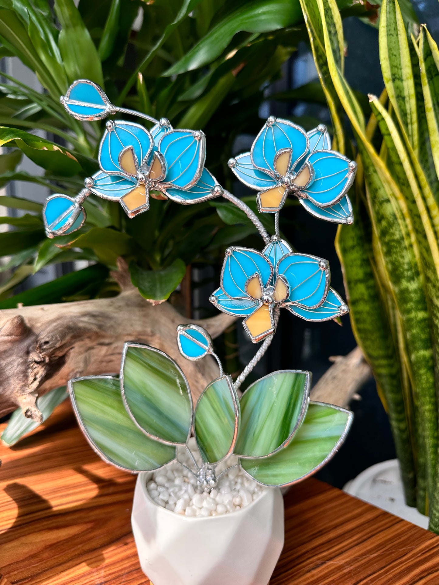 " . Tiffany turquoise Orchid 3 flowers with pot” Stained glass tropical flower 3D, Sun catcher, Table plant, Garden stick, Outdoor and gardening decor, available