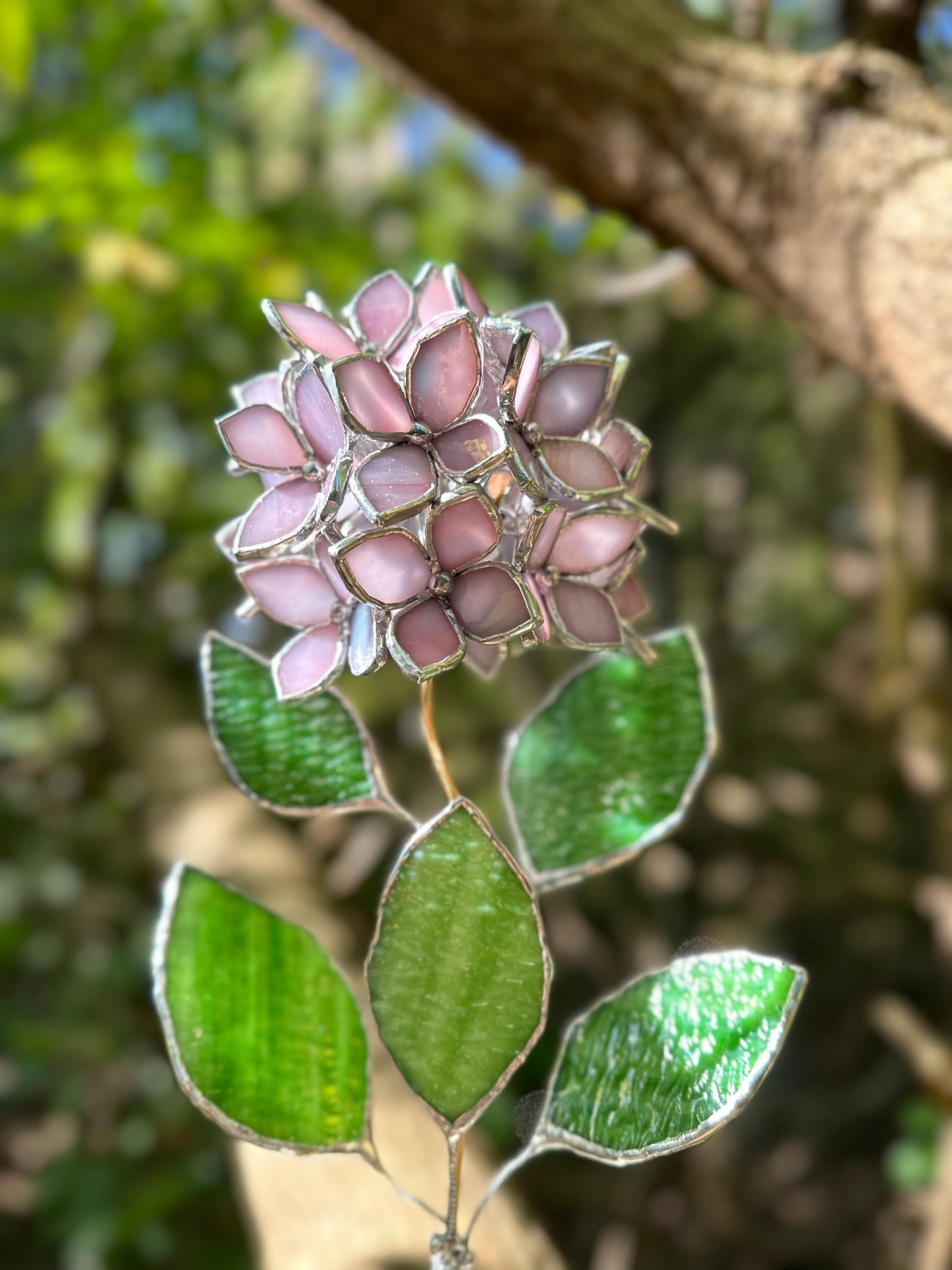 " . Dusty Pink Hydrangea bunch translucent in the sun in flower pot”, Stained glass tropical flower 3D, Sun catcher, Table plant, Garden stick, Outdoor and gardening decor