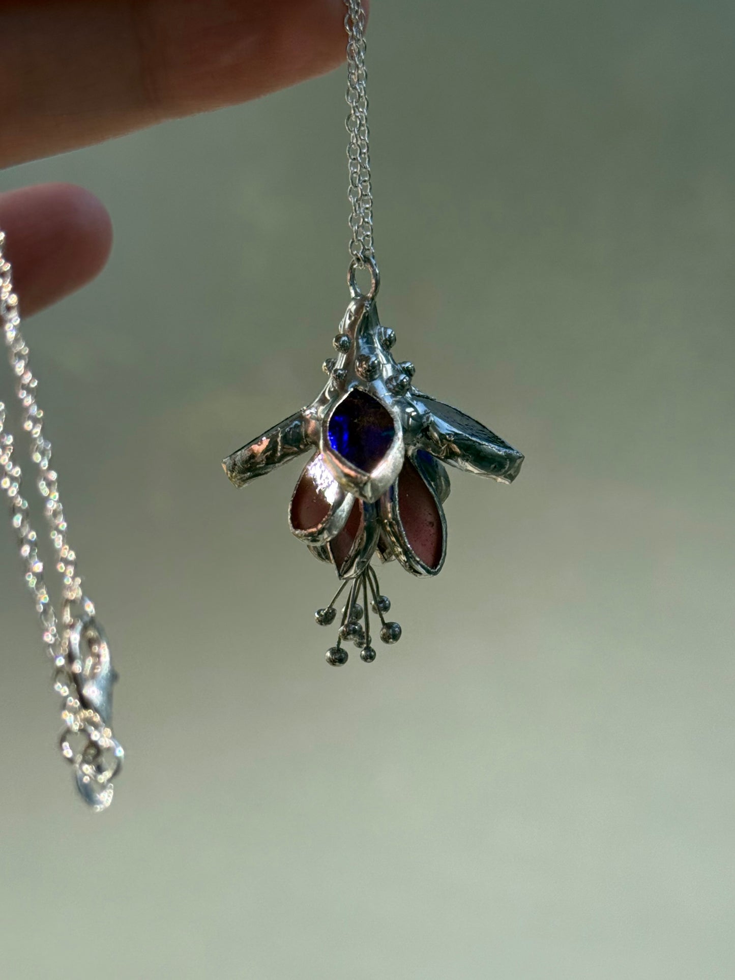 Fuchsia flower Necklace, LEAD FREE Stained glass modern art jewelry new
